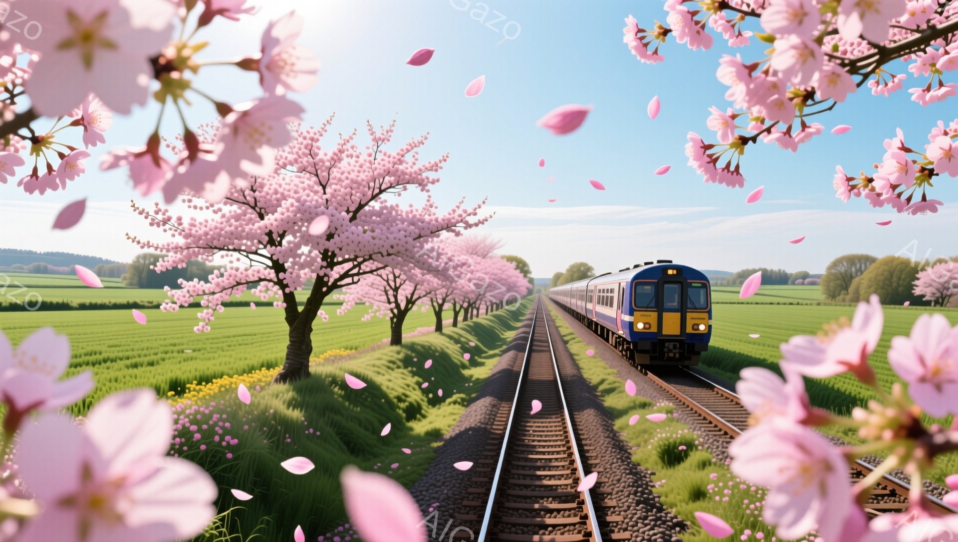鉄道が桜並木の線路を走っている風景です。線路の両側にはピンク色の桜が咲き誇り、花びらが舞い散っています。背景には緑の草原と木々が広がり、穏やかで春らしい雰囲気が漂っています。 - AI生成フリー素材
