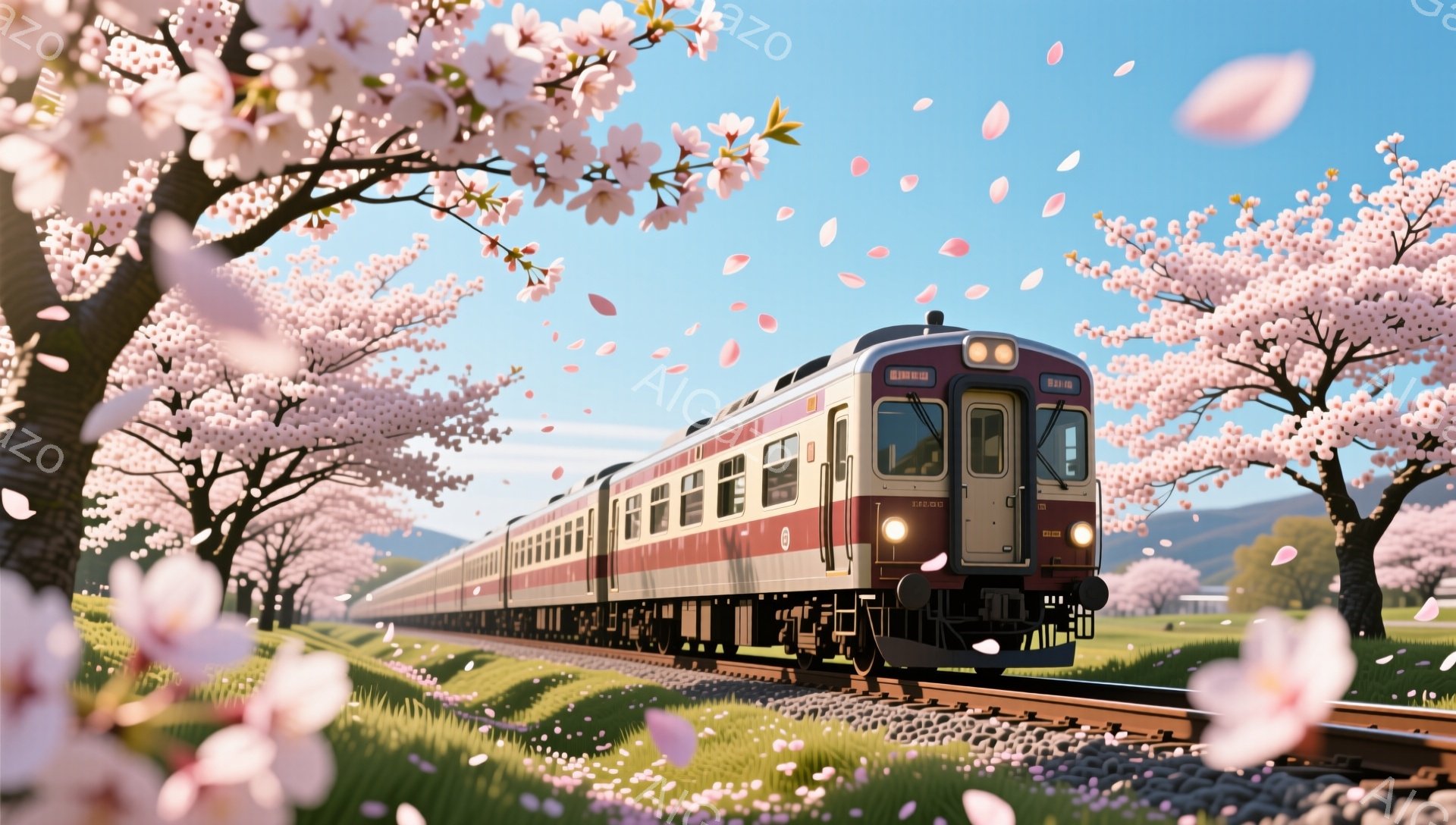 満開の桜並木を走るレトロな茶色の列車が印象的な風景です。列車は緑豊かな草原の中を走り、遠くに山々が望めます。舞い散る桜の花びらが、春の暖かく穏やかな雰囲気を醸し出しています。 - AI生成フリー素材