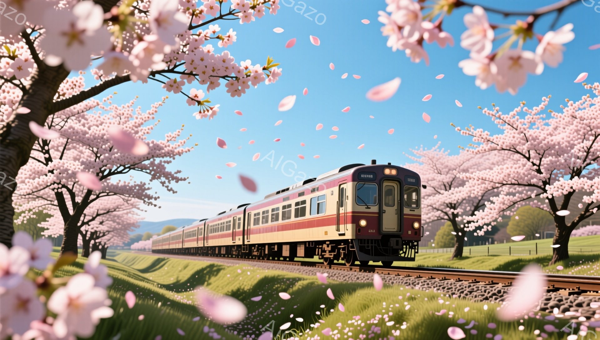 桜並木の中を走る列車が描かれています。列車は赤と白のストライプで彩られており、春の穏やかな風景の中に鮮やかなアクセントとなっています。背景には緑の田園風景と遠くの山々が広がり、舞い散る桜の花びらが季節 - AI生成フリー素材