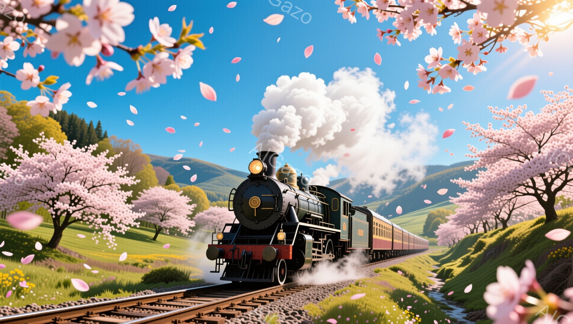 鮮やかな緑の草原を、蒸気を上げながら黒い蒸気機関車が走っている。満開の桜並木が線路を覆い、花びらが舞い散る美しい春の風景だ。遠くには穏やかな山々が広がり、晴天の下、幻想的な雰囲気を醸し出している。 - AI生成フリー素材