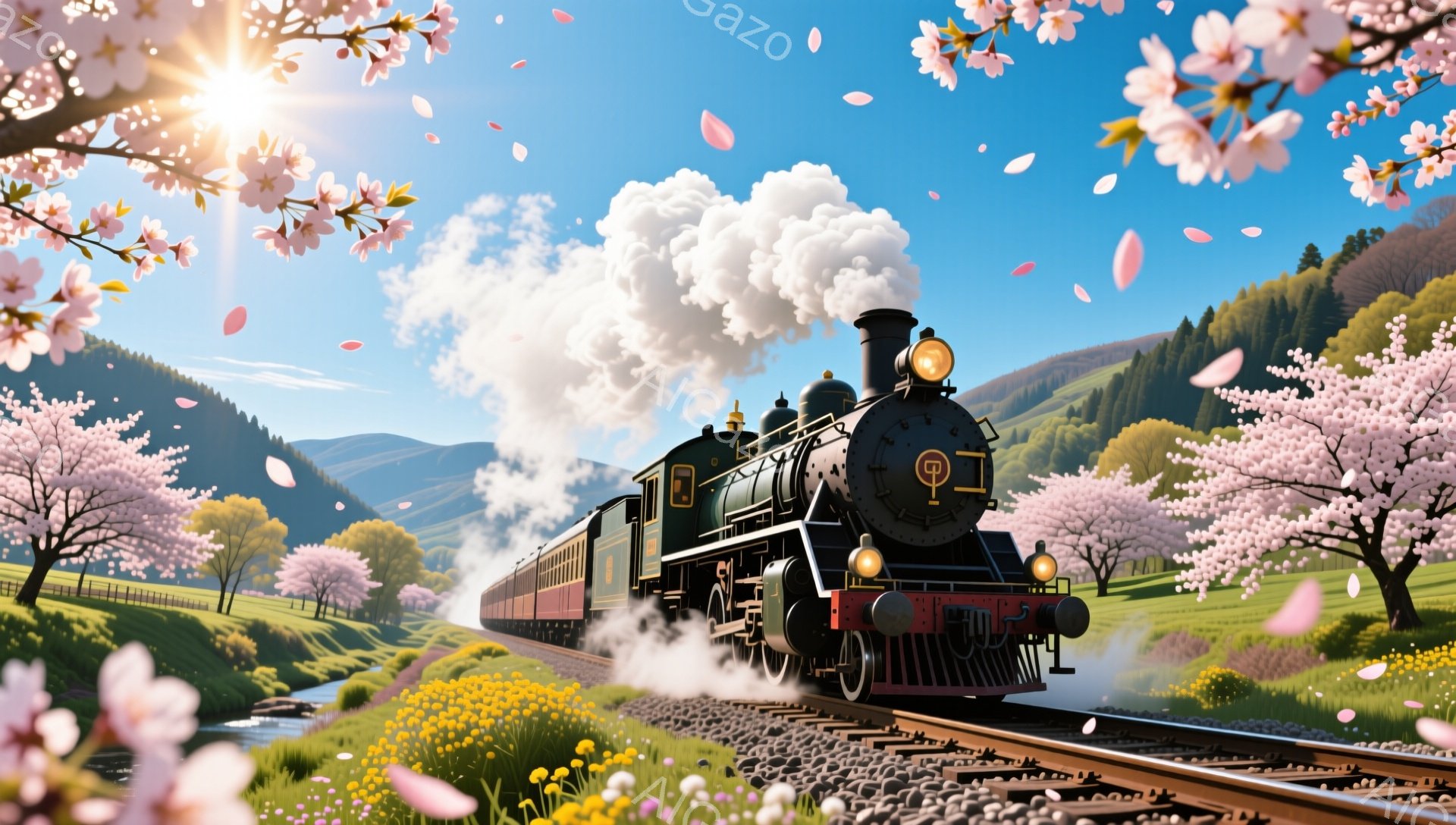 鮮やかな春の風景の中に、緑色の蒸気機関車が桜並木の中を走っている。機関車の周りには桜の花びらが舞い、背景には緑豊かな丘と青い空が広がり、暖かい日差しが降り注いでいる。全体的に、春の訪れを感じさせる、穏 - AI生成フリー素材