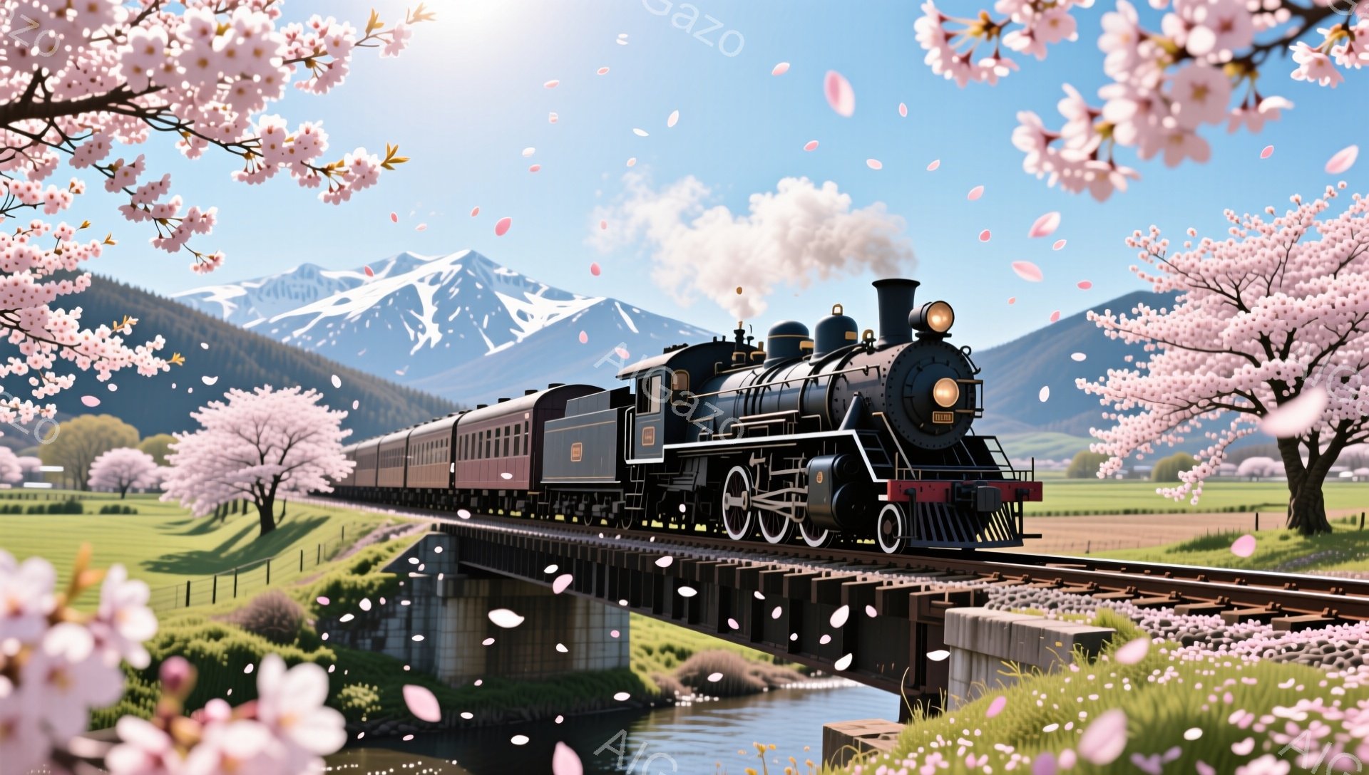 鮮やかな緑の牧草地を、蒸気機関車が力強く走っている様子が描かれています。背景には雪を抱いた山々が連なり、春の桜の花びらが舞い散る、穏やかで美しい風景です。鉄道は小さな川を渡る橋の上を走り、春の暖かな日 - AI生成フリー素材
