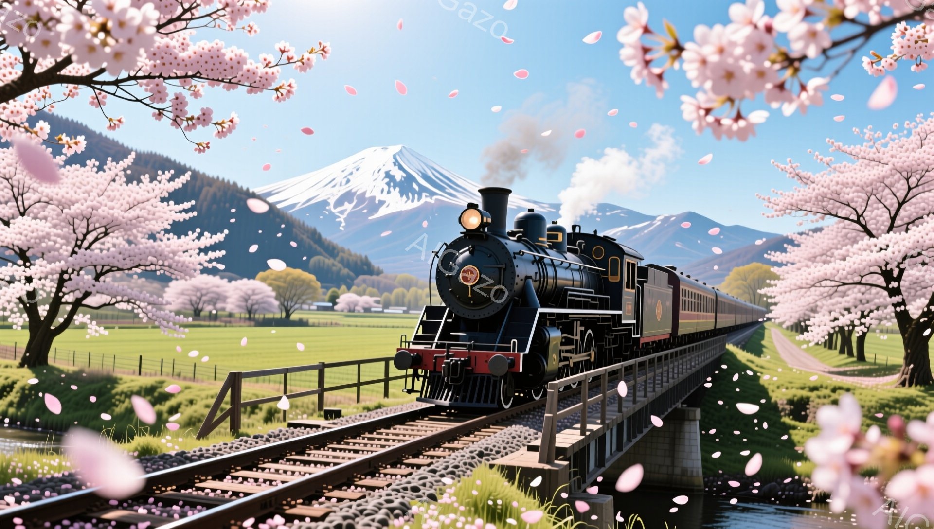 鮮やかな春の風景の中で、黒い蒸気機関車が線路を走っている。富士山が背景にそびえ立ち、線路の両脇には桜の木が咲き誇り、花びらが舞い散っている。緑豊かな草原と青い空が広がり、穏やかで平和な雰囲気を醸し出し - AI生成フリー素材