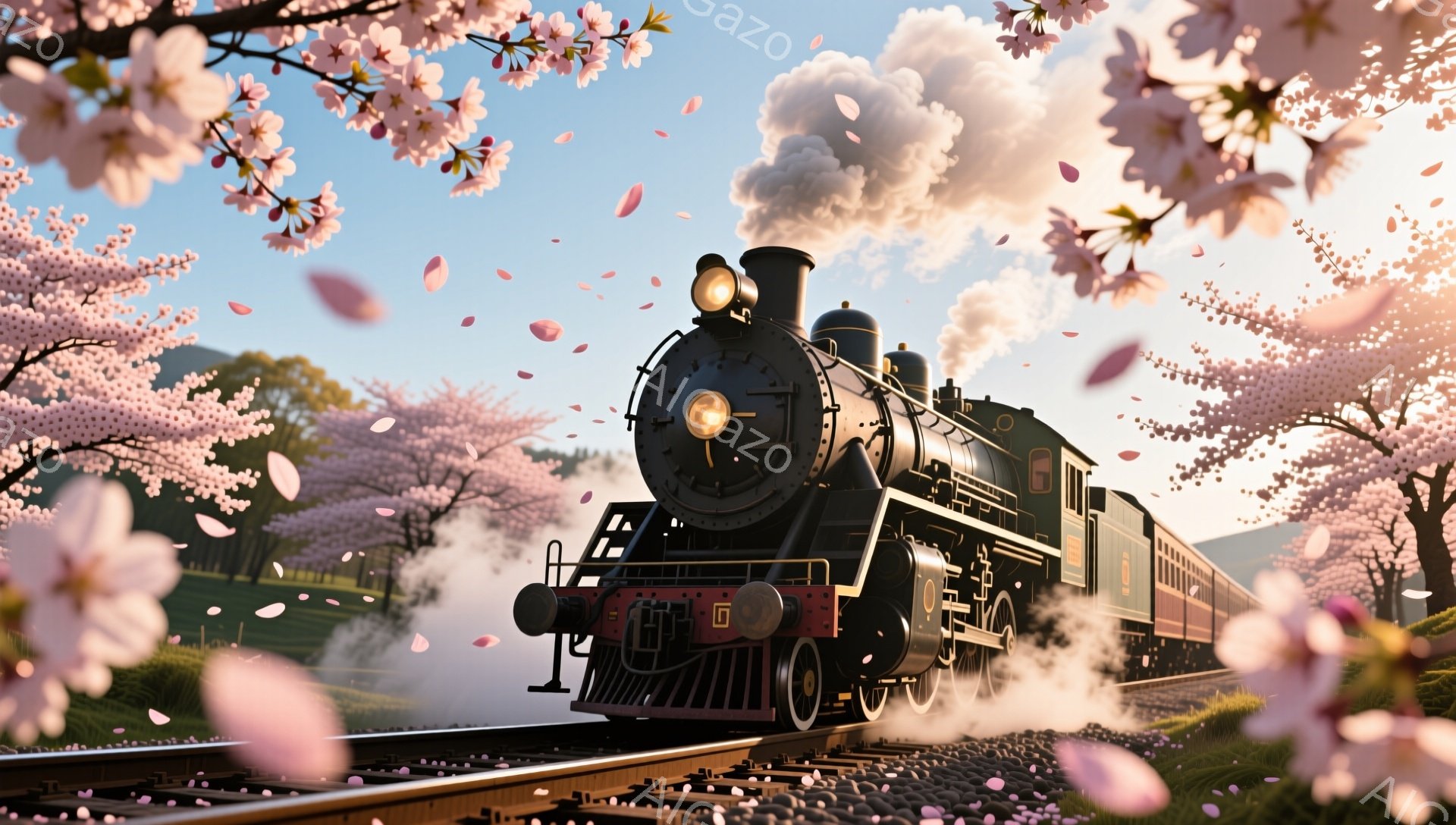 蒸気機関車が桜並木の中を走っている様子が描かれている。機関車は黒く、赤いアクセントが施され、白い蒸気を力強く噴き出している。背景には、ピンク色の桜の花びらが舞い散り、柔らかい日差しが降り注ぐ、春の穏やかな風景が広がっている。