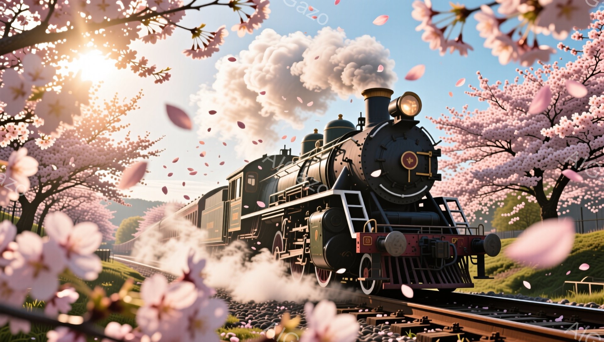 蒸気機関車が桜並木の中を走っている様子が描かれている。機関車は黒色で、赤色のアクセントがあり、白い蒸気を上げながら線路を疾走している。背景には緑豊かな草原と、満開の桜が咲き乱れる風景が広がり、春の暖かく穏やかな雰囲気が漂っている。
