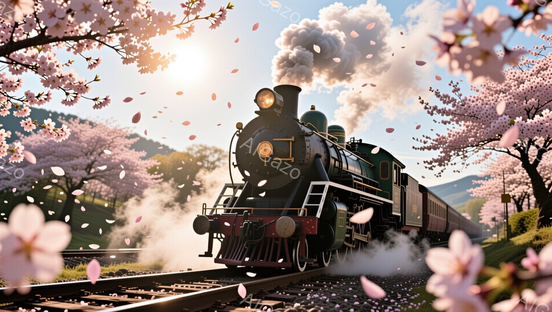 蒸気機関車が桜並木の中を走っている様子が描かれています。ピンク色の桜の花びらが舞い散り、機関車の黒い車体が引き立ち、春の暖かさとノスタルジーを感じさせます。背景には緑の山々が広がり、穏やかな晴天のもと - AI生成フリー素材