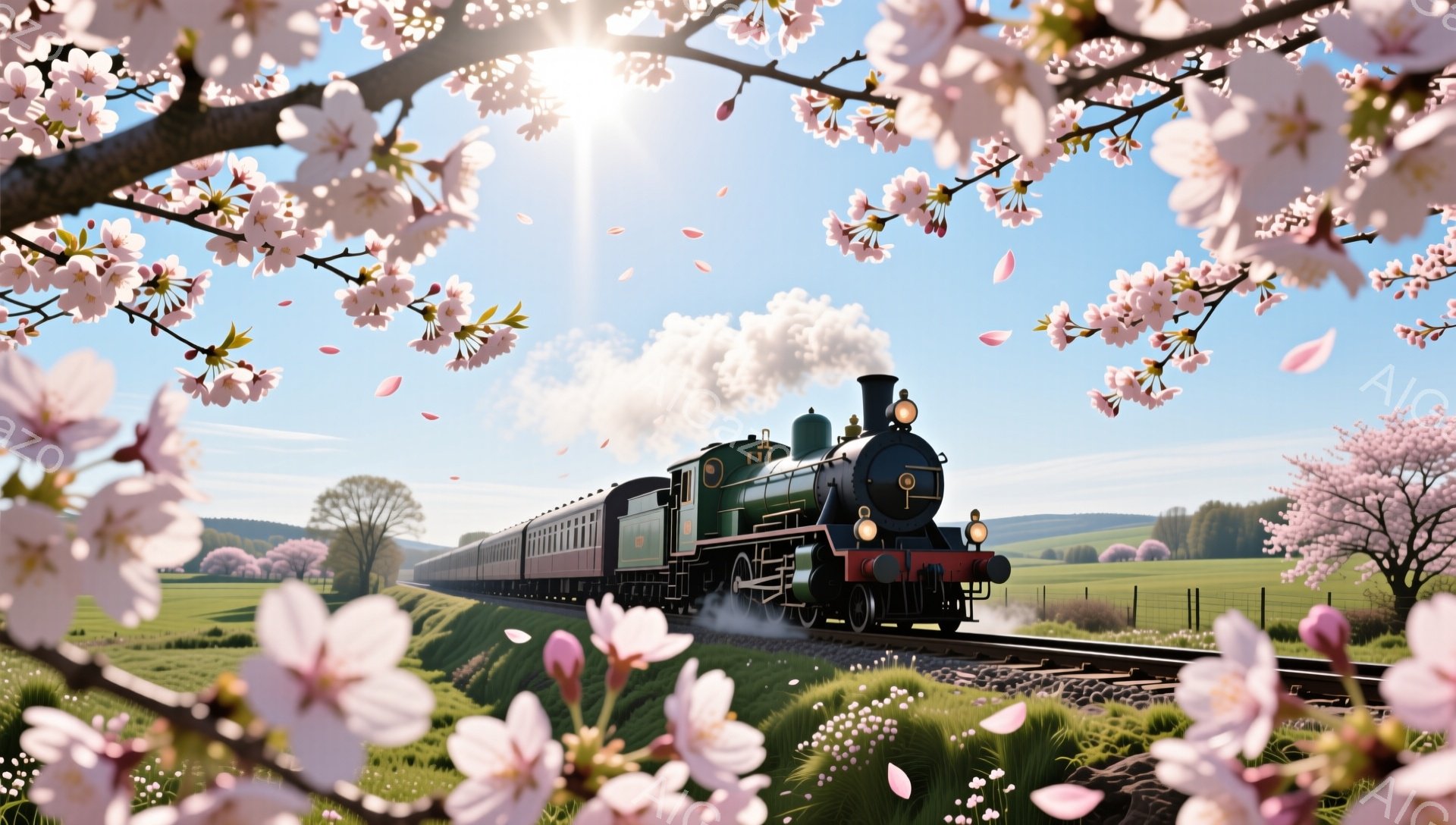 鮮やかな緑の田園風景の中に、蒸気機関車が力強く走り抜けている。桜の花びらが舞い散る中、列車は美しい春の風景と調和し、暖かく穏やかな雰囲気を醸し出している。太陽の光が列車と桜を照らし、希望に満ちた情景が - AI生成フリー素材