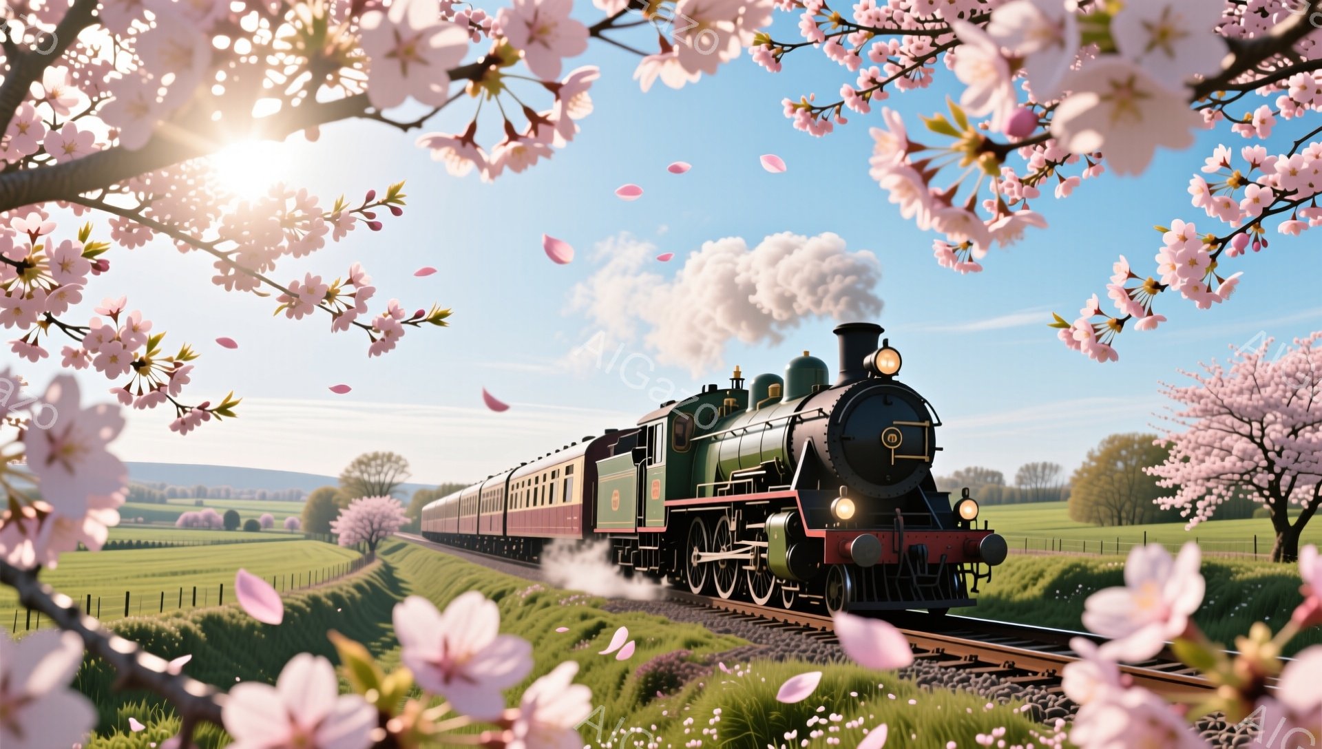 広大な緑の草原の中を、蒸気機関車が力強く走っている。春の穏やかな日差しが降り注ぎ、線路沿いの景色は桜の花びらが舞い散り、幻想的な雰囲気を醸し出している。機関車の黒と緑のコントラストが、春の自然の中に鮮やかに映える。