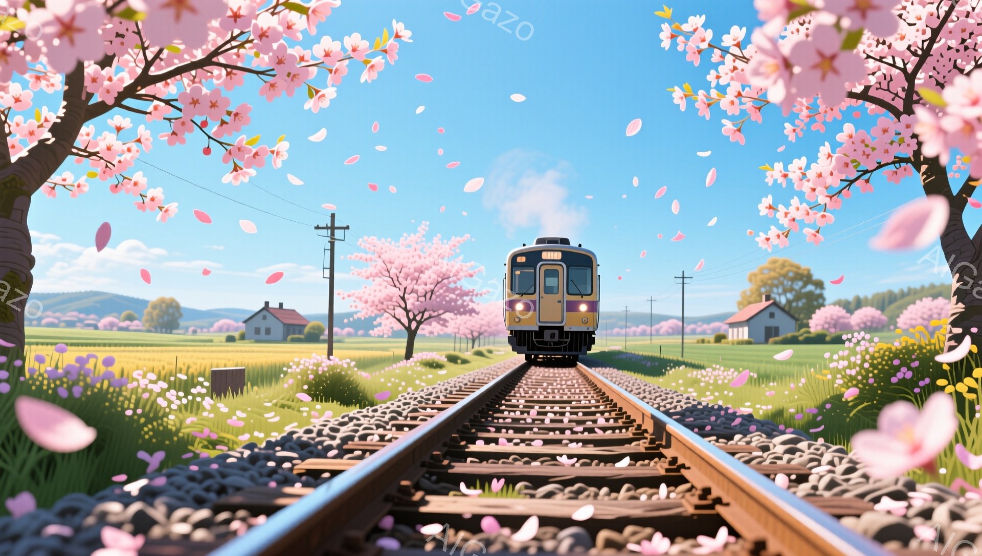 鉄道が桜並木の線路を走っている風景で、桜の花びらが舞い散っている。背景には、緑の草原と可愛らしい家々が点在し、遠くには山々が見える穏やかな春の日の光景である。全体的に、暖かく、のどかで、どこか懐かしい雰囲気を感じさせる。