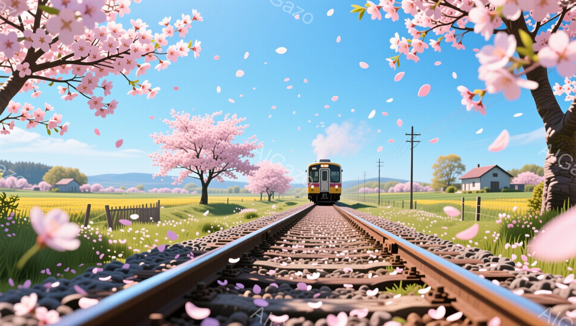 鉄道線路が、満開の桜並木の中をまっすぐに伸びています。青空の下、線路の脇には黄色い花が咲き乱れ、遠景には可愛らしい家々と緑豊かな丘が見えます。全体的に暖かく、春の穏やかな雰囲気が漂う、希望に満ちた風景 - AI生成フリー素材