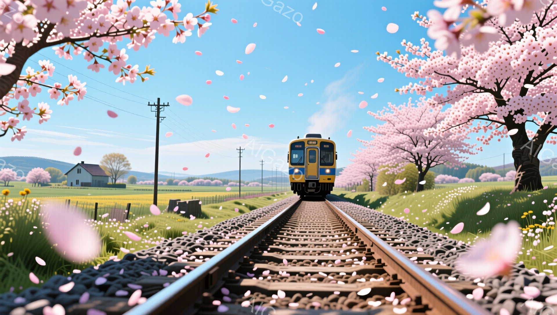 鉄道線路が春の風景の中をまっすぐに伸びており、ピンク色の桜の花びらが舞い散っている。線路の先には黄色い電車が走り、周囲には緑の草地と色とりどりの花が咲き乱れている。背景には、穏やかな丘陵地帯と可愛らし - AI生成フリー素材
