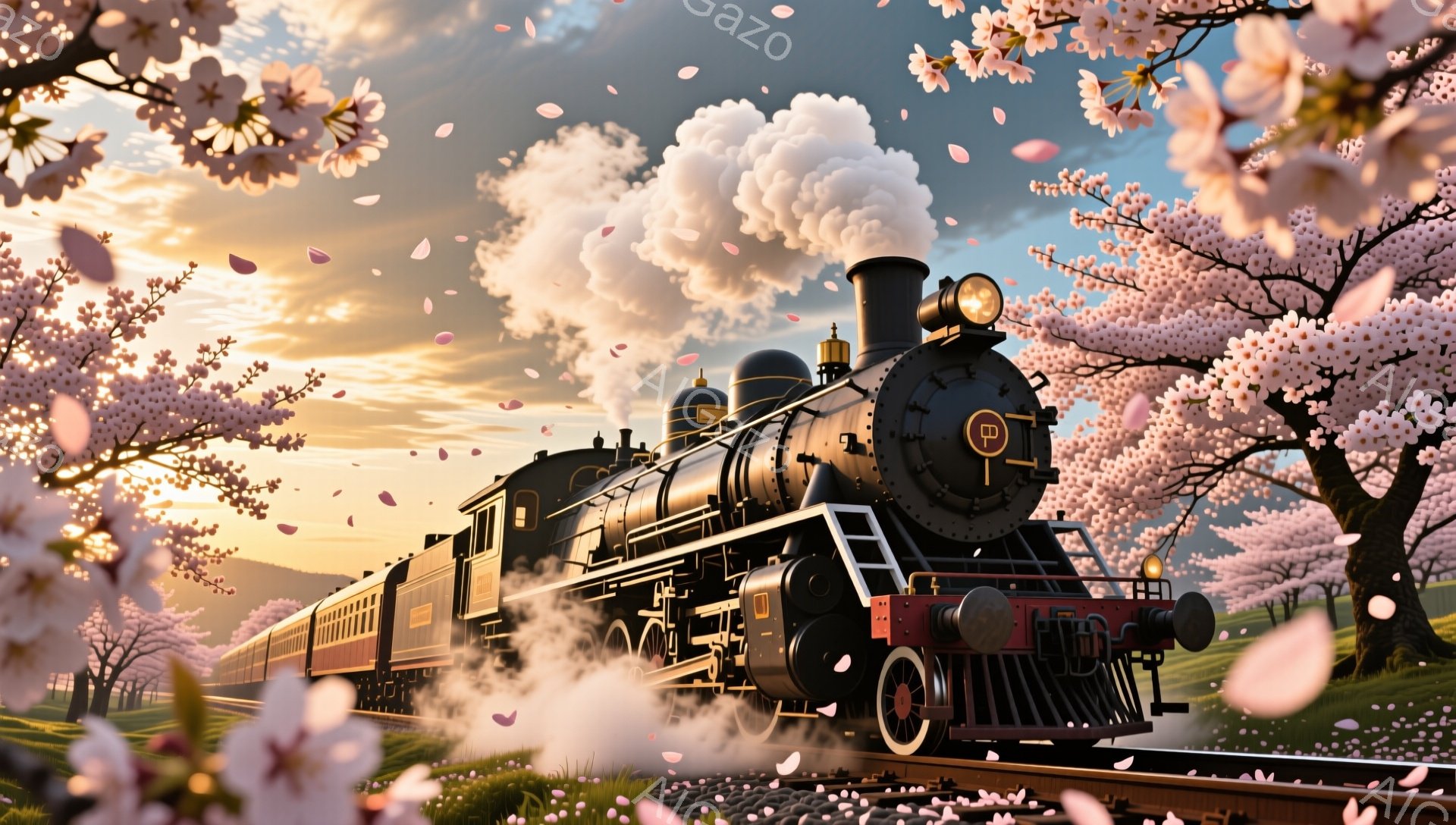 蒸気機関車が桜並木の中を走っている風景です。機関車は黒色で、赤い帯と装飾が施されており、桜の花びらが舞い散る美しい春の日に運行しています。背景には穏やかな丘陵と夕焼けのような空が広がっており、全体的に幻想的で穏やかな雰囲気が漂っています。