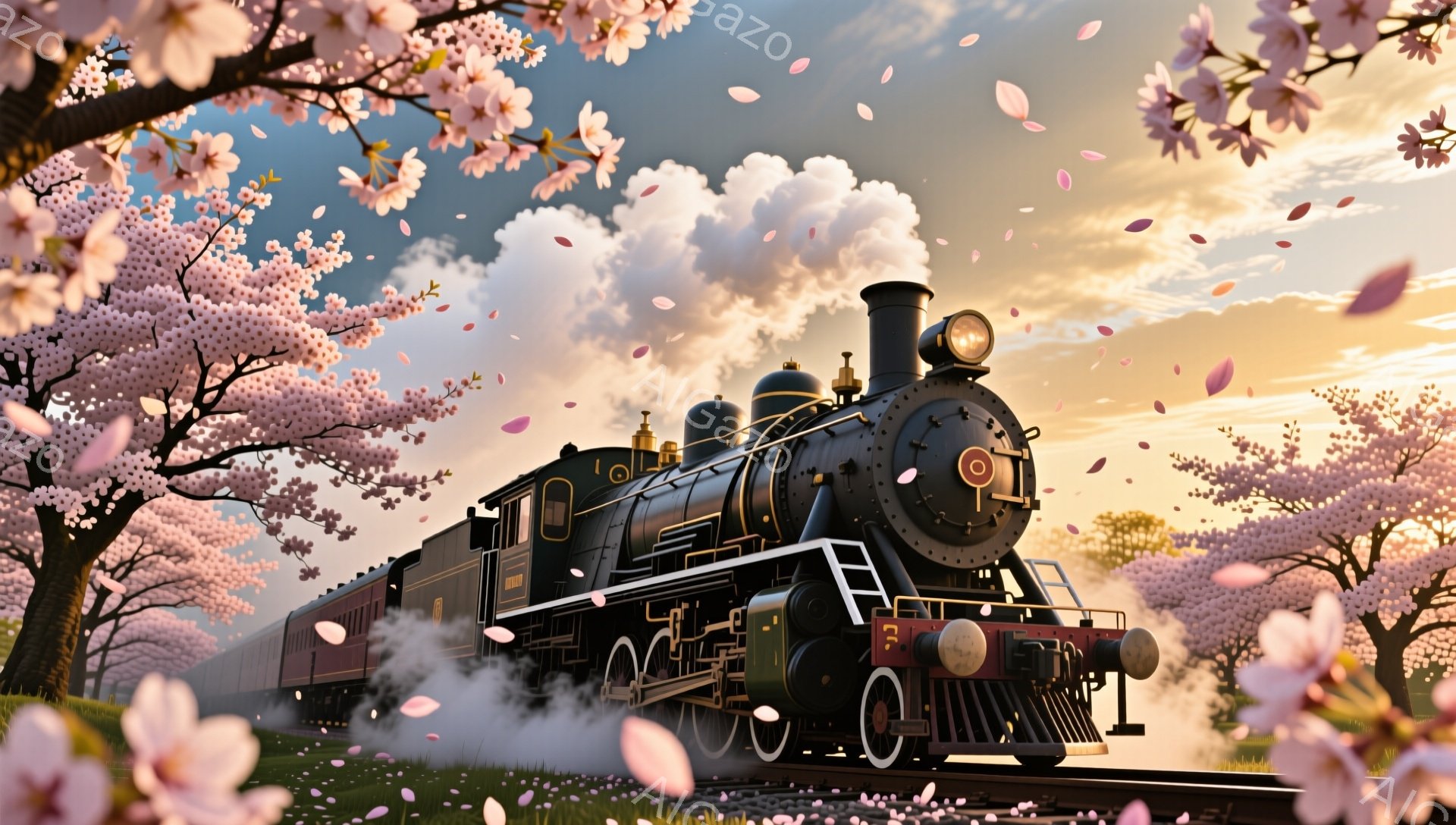 蒸気機関車が桜並木の中を走っており、ピンク色の花びらが舞い散っている美しい風景です。機関車の黒いボディと桜の淡いピンク色が対照的で、夕焼けのような空と白い雲が幻想的な雰囲気を醸し出しています。桜の木々は満開で、春の暖かさと希望を感じさせる光景です。