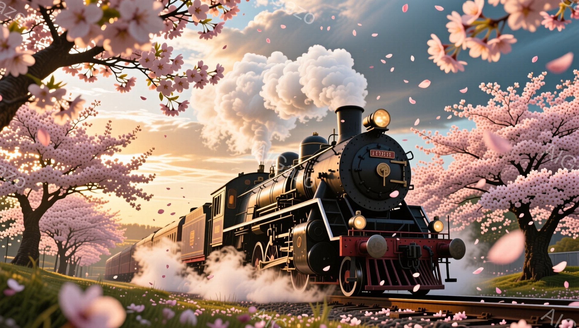 蒸気機関車が桜並木の中を走っている美しい風景です。ピンク色の桜の花びらが舞い、夕焼け空と緑の草原が機関車の黒いボディとのコントラストを作り出しています。全体的に暖かく、穏やかな雰囲気で、春の訪れを感じさせます。