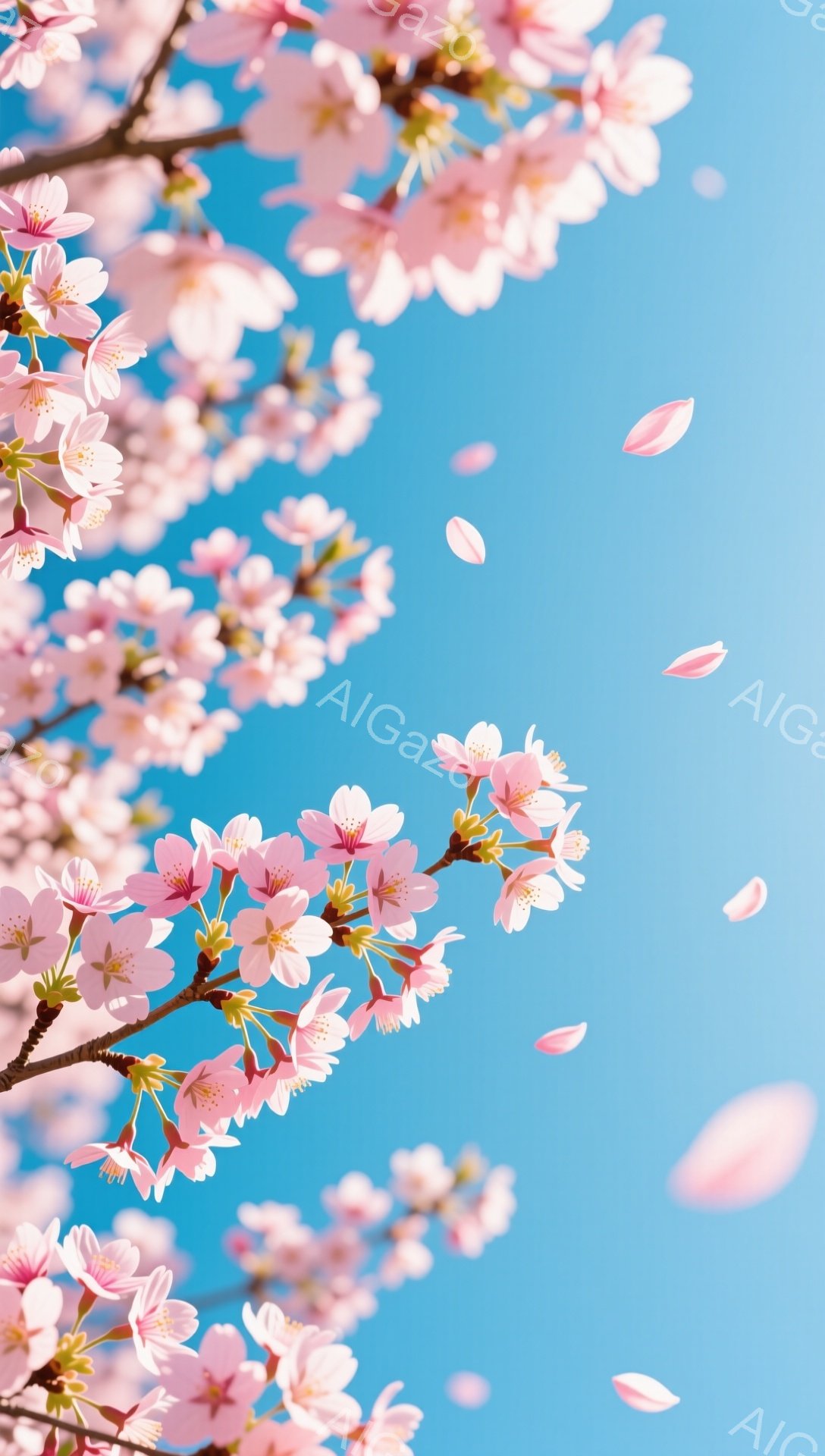 鮮やかな青空を背景に、桜の花びらが舞い散る様子が捉えられています。ピンク色の桜の花は満開で、枝いっぱいに咲き誇り、いくつかの花びらが風に吹かれて空中に漂っています。春の暖かく穏やかな雰囲気が伝わってく - AI生成フリー素材
