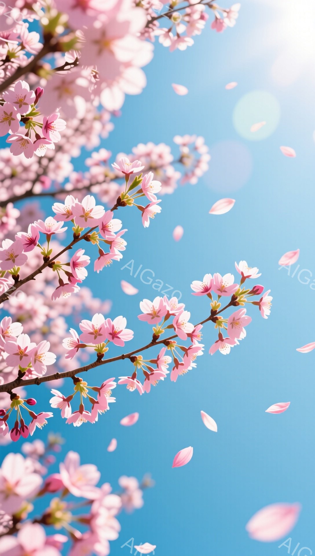 鮮やかな青空を背景に、桜の枝が画面いっぱいに広がっています。淡いピンク色の桜の花びらが舞い散り、春の暖かく穏やかな雰囲気を醸し出しています。太陽の光が花びらを照らし、幻想的な美しさを際立たせています。 - AI生成フリー素材