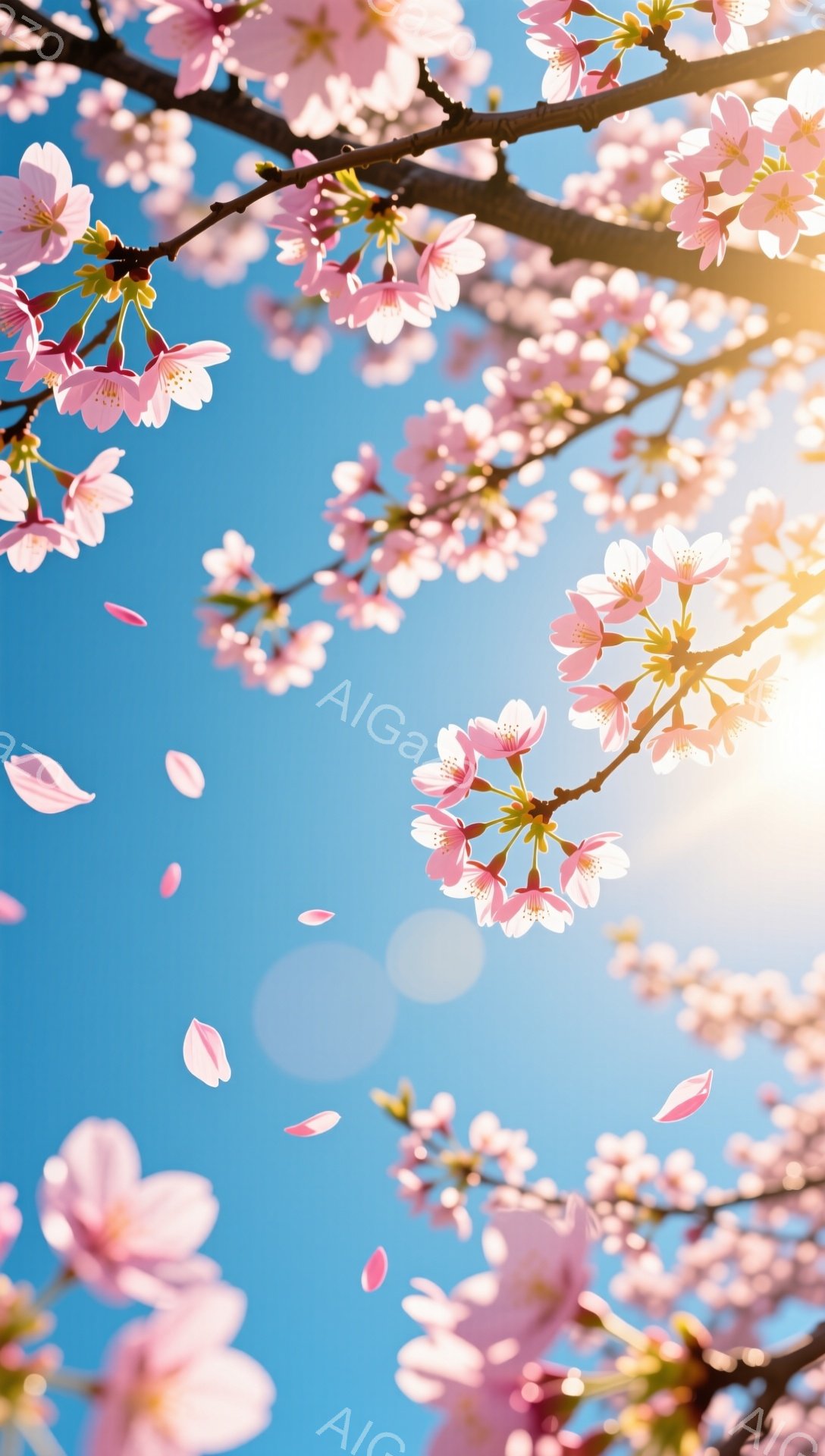青空を背景に、桜の花びらが舞い散る様子が捉えられています。桜の枝は画面の上部から伸びており、ピンク色の美しい花が咲き誇っています。太陽の光が花びらを照らし、春の暖かく穏やかな雰囲気を演出しています。 - AI生成フリー素材