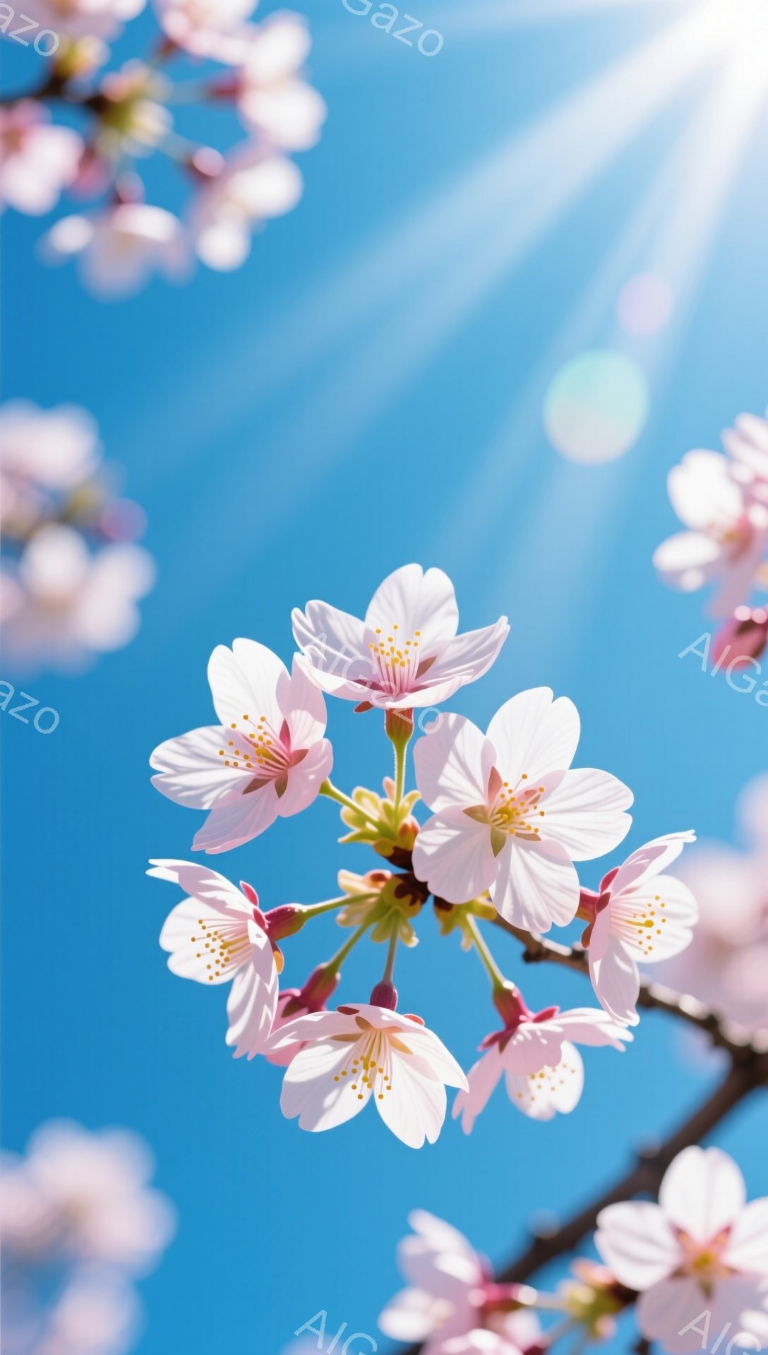 鮮やかな青空を背景に、桜の花が咲き乱れている様子が捉えられています。淡いピンク色の花びらは幾重にも重なり、中心には黄色い雄しべが覗いています。太陽の光が差し込み、花びらを照らし出し、春の暖かさと生命力 - AI生成フリー素材