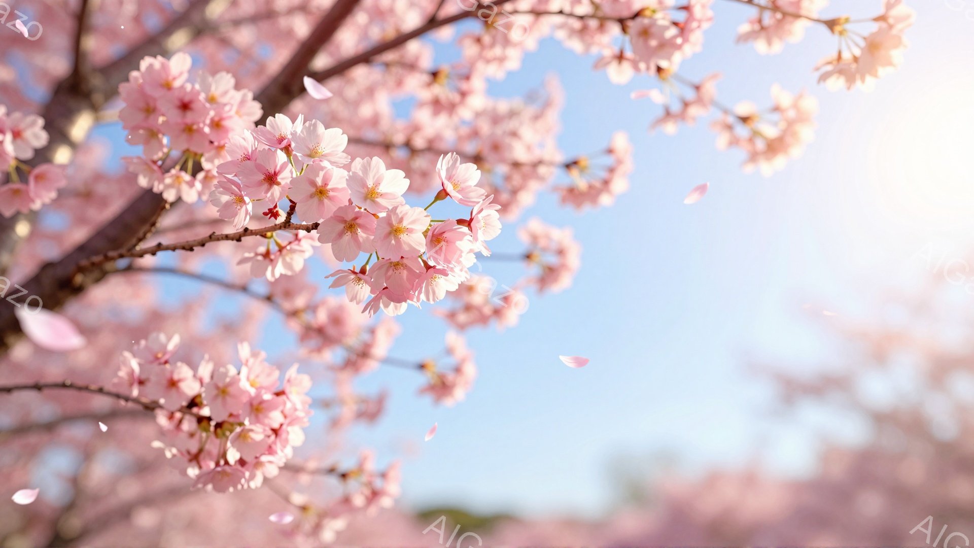 満開の桜が空に向かって咲き誇り、花びらが舞い散っている様子が捉えられています。背景にはぼやけた桜並木が広がり、穏やかな春の陽光が差し込んでいます。全体的に柔らかく、幻想的な雰囲気が漂っています。 - AI生成フリー素材
