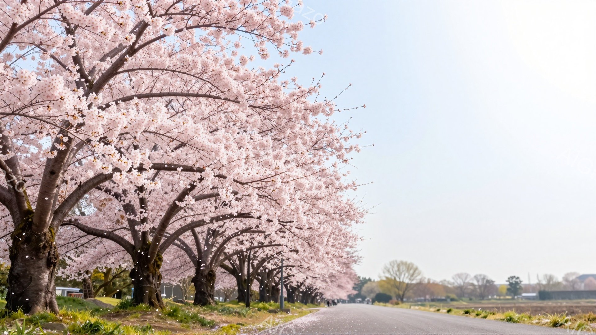 桜並木が続く道が、春の暖かな日差しに照らされている。桜の花びらが舞い散り、アスファルトの道や草むらに薄いピンク色の絨毯を敷いているように見える。遠くには建物が見え、穏やかな春の風景が広がっている。