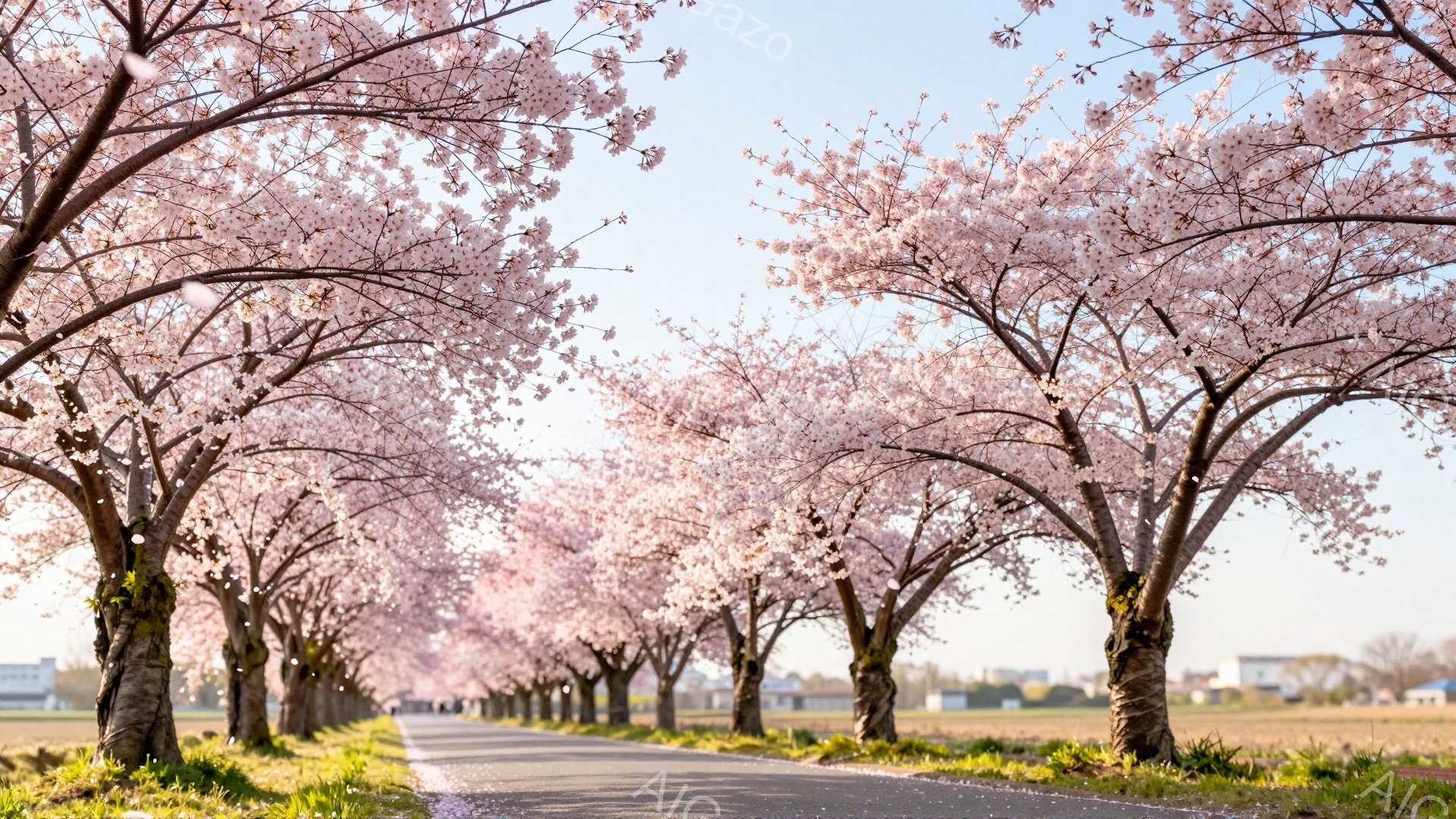 道路の両側に桜並木が続き、満開の桜がトンネルのように空を覆っています。桜の花びらが舞い散り、地面や道路をピンク色に染めており、春の穏やかな雰囲気が漂います。遠景には田園風景と建物が見え、晴天の下、美しいコントラストを生み出しています。