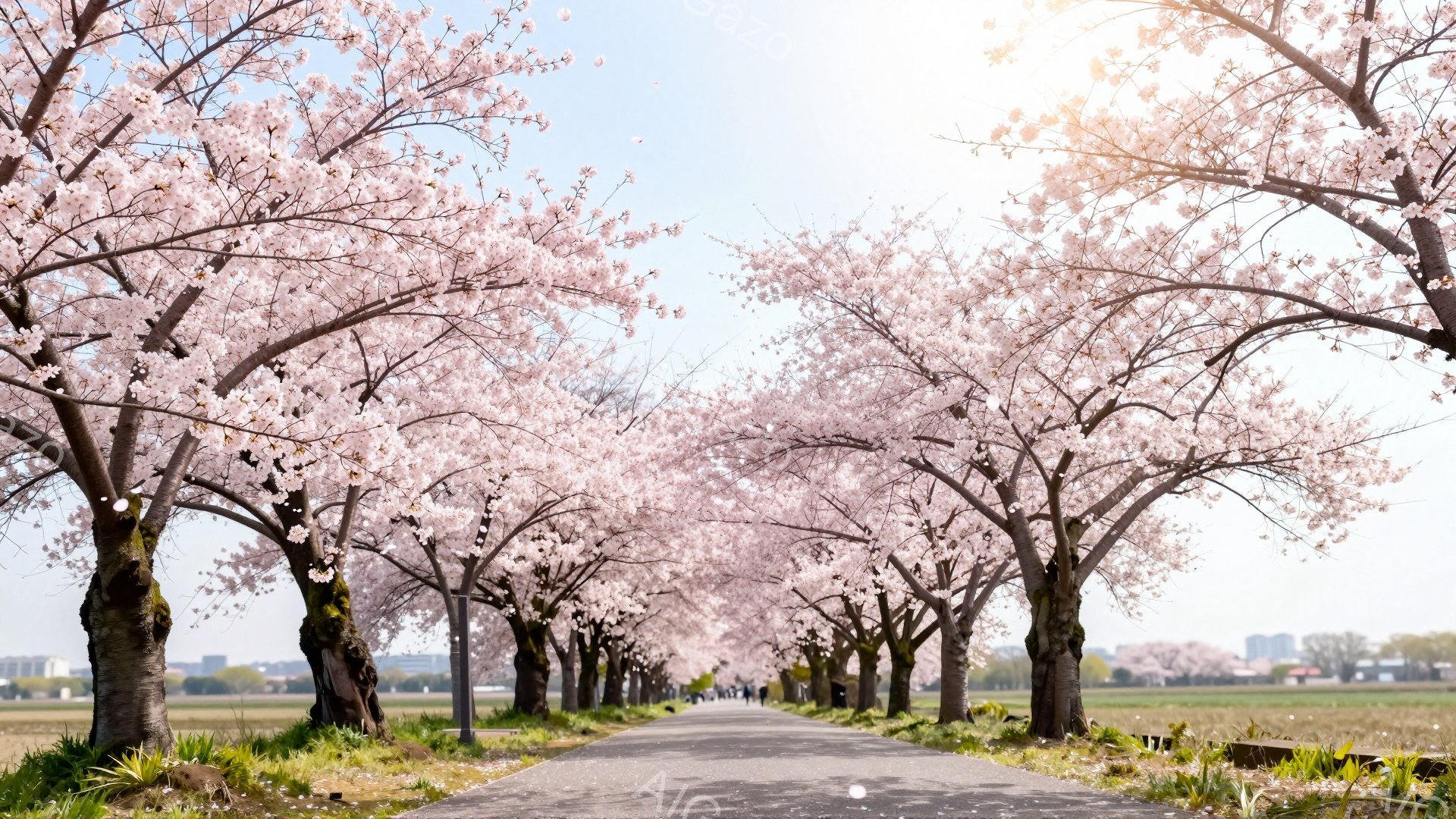 桜並木が続く道が印象的な風景です。道路の両脇には、満開の桜並木がアーチを描くように咲き誇り、ピンク色の花びらが舞い散っています。遠方には、都市の建物と緑の田園風景が見え、春の穏やかな天候が伝わってきま - AI生成フリー素材