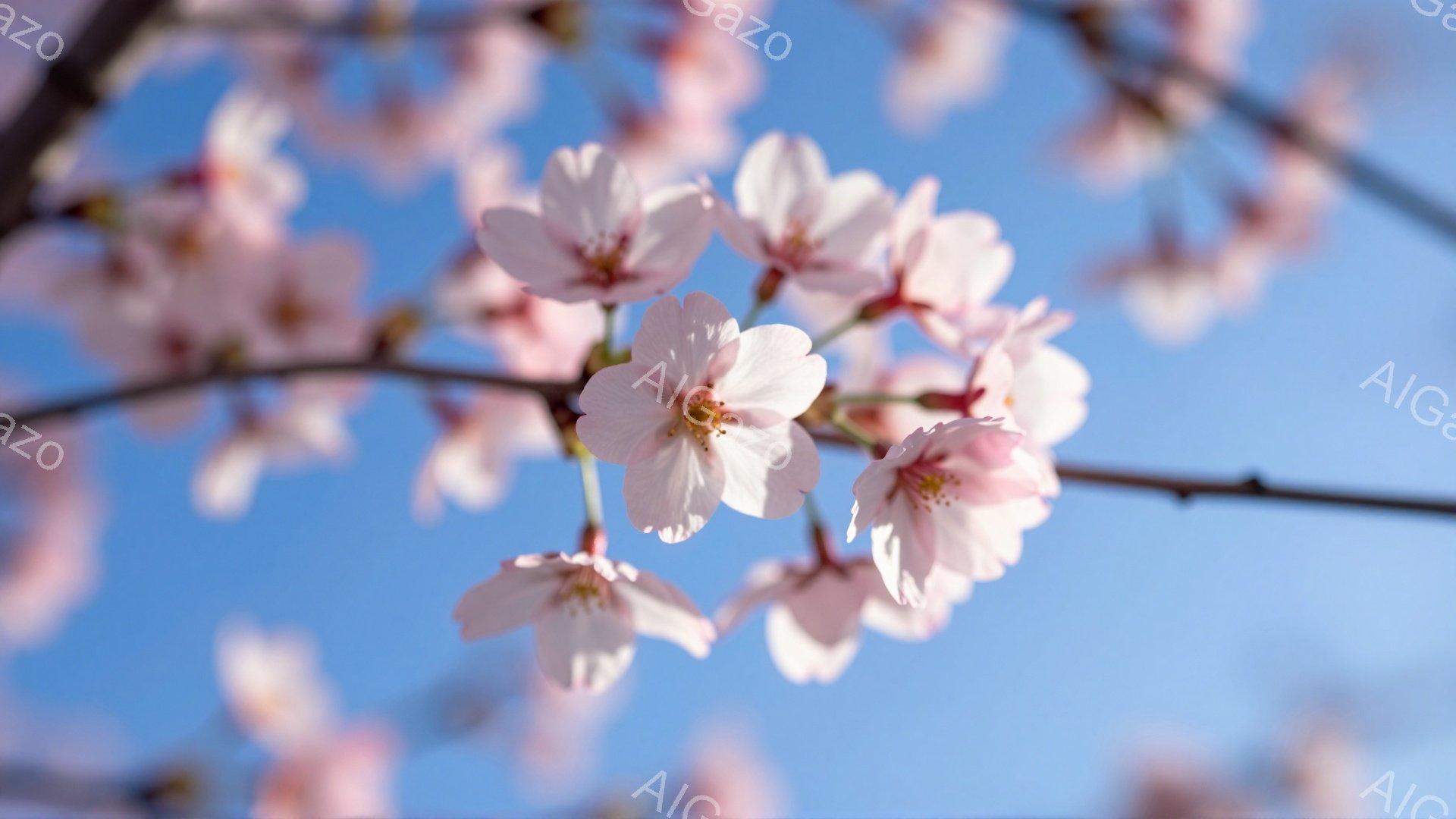 桜の花が咲き乱れ、青空を背景に美しいコントラストを描いている。花びらは白く、わずかにピンクがかった色合いで、春の暖かさと生命力を感じさせる。枝は空に向かって伸び、春の訪れを告げる希望に満ちた光景である - AI生成フリー素材