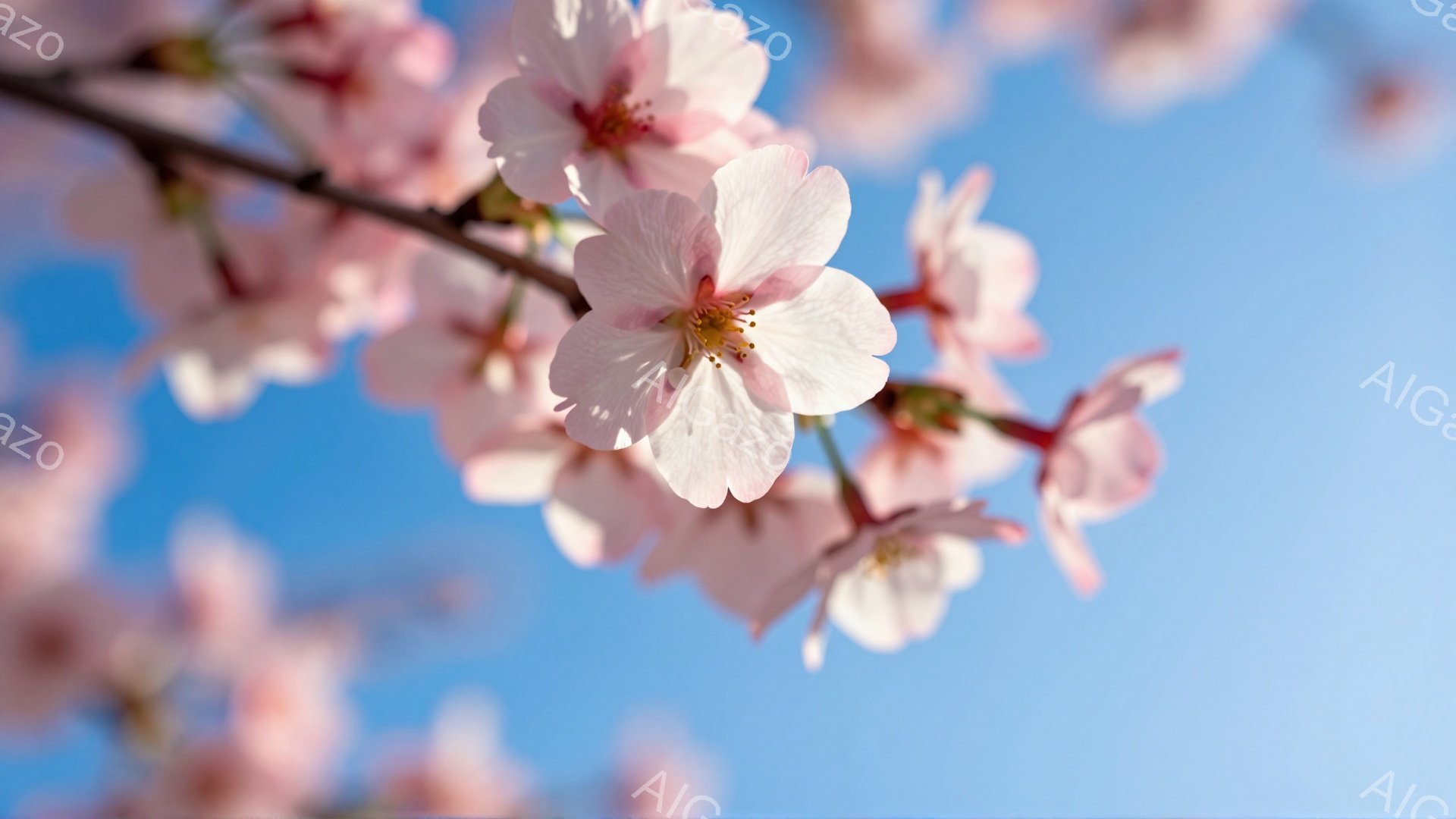 鮮やかな青空を背景に、桜の花が咲き誇る様子が捉えられています。花びらは淡いピンク色で、中心部には黄色の雄しべが覗き、春の訪れを感じさせます。枝は空に向かって伸び、全体的に明るく、穏やかな雰囲気が漂って - AI生成フリー素材
