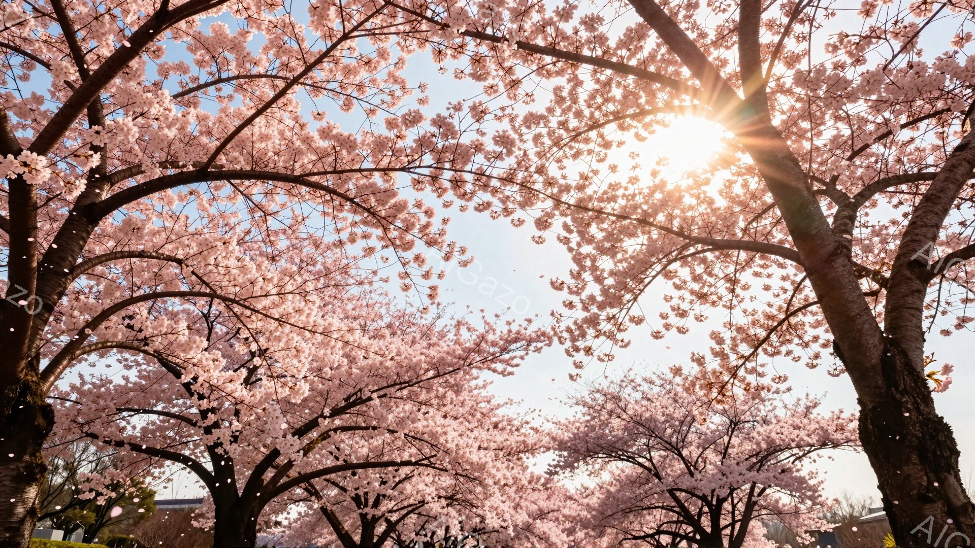 満開の桜が空を覆い尽くし、まるでトンネルのようになっている美しい風景です。太陽の光が桜の花びらを通して柔らかく降り注ぎ、幻想的な雰囲気を醸し出しています。地面には散った桜の花びらが舞い、春の穏やかさと華やかさを感じさせます。