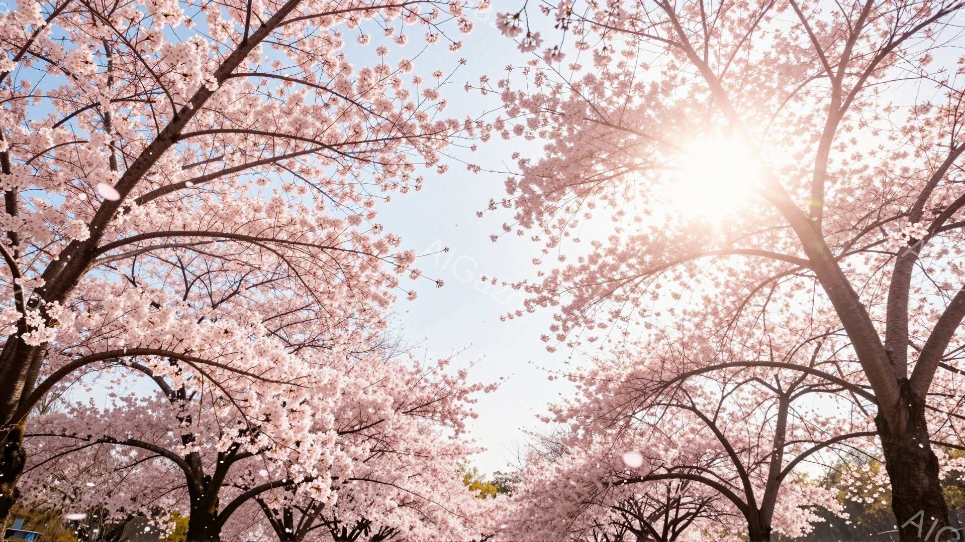 満開の桜が空を覆い尽くし、まるでトンネルのように美しい景色が広がっている。太陽の光が桜の花びらを照らし、柔らかなピンク色が目に優しい春の情景である。背景には、ぼんやりと建物が見え、穏やかで幻想的な雰囲気を醸し出している。