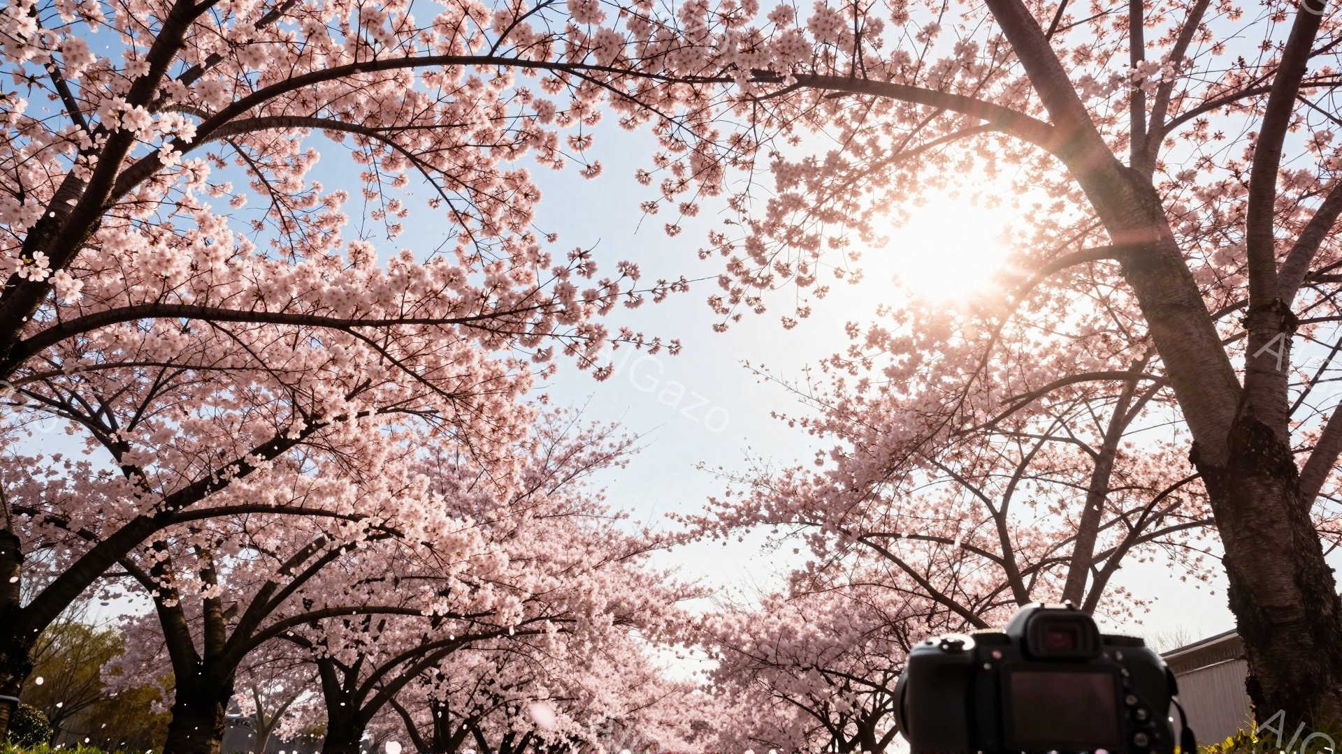 満開の桜が空を覆い、まるでトンネルのような美しい景色が広がっている。カメラが手前に配置され、桜の美しさを写真に収めようとしている様子が伺える。背景には緑の草地と建物が見え、晴天の下、春の穏やかな雰囲気が感じられる。