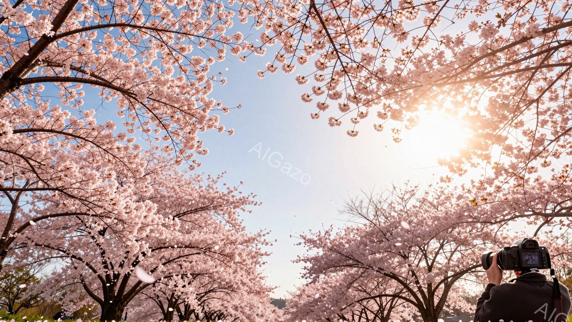 満開の桜並木の下、一人の男性がカメラを持って撮影している。彼は黒いジャケットを着ており、後ろ姿からは真剣な表情がうかがえる。背景には青空が広がり、桜の花びらが舞い散る、春の暖かく美しい情景が広がっている。