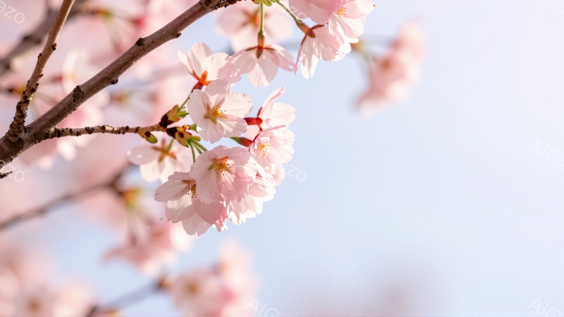 桜の枝が画面いっぱいに広がり、淡いピンク色の花びらが咲き誇っている。背景は穏やかな水色の空で、春の暖かく優しい雰囲気が伝わってくる。枝の質感と花びらの繊細さが際立ち、まるで絵画のような美しい光景だ。