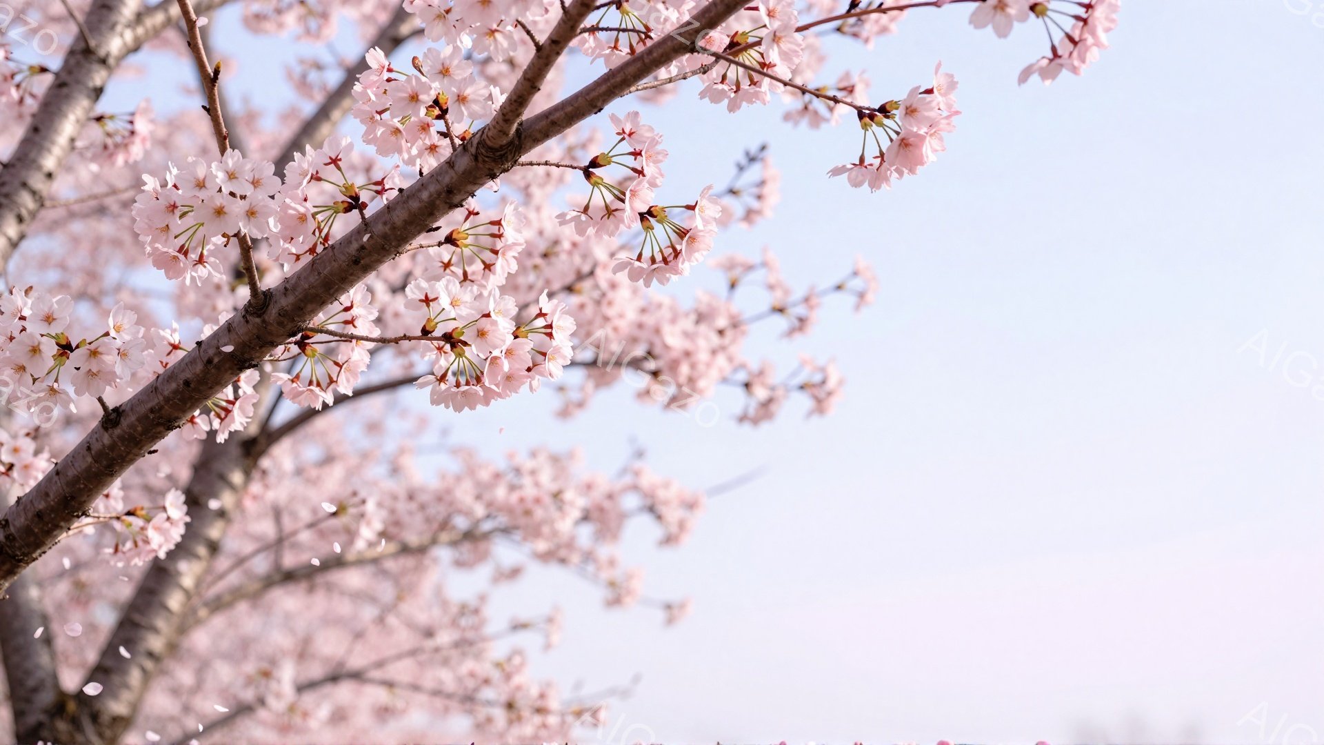 桜の枝が画面いっぱいに広がり、淡いピンク色の花びらが咲き誇っている。空は薄い水色で、春の穏やかな天候を表している。背景はぼやけており、花に焦点が当てられているため、全体的に柔らかく夢幻的な雰囲気を醸し - AI生成フリー素材