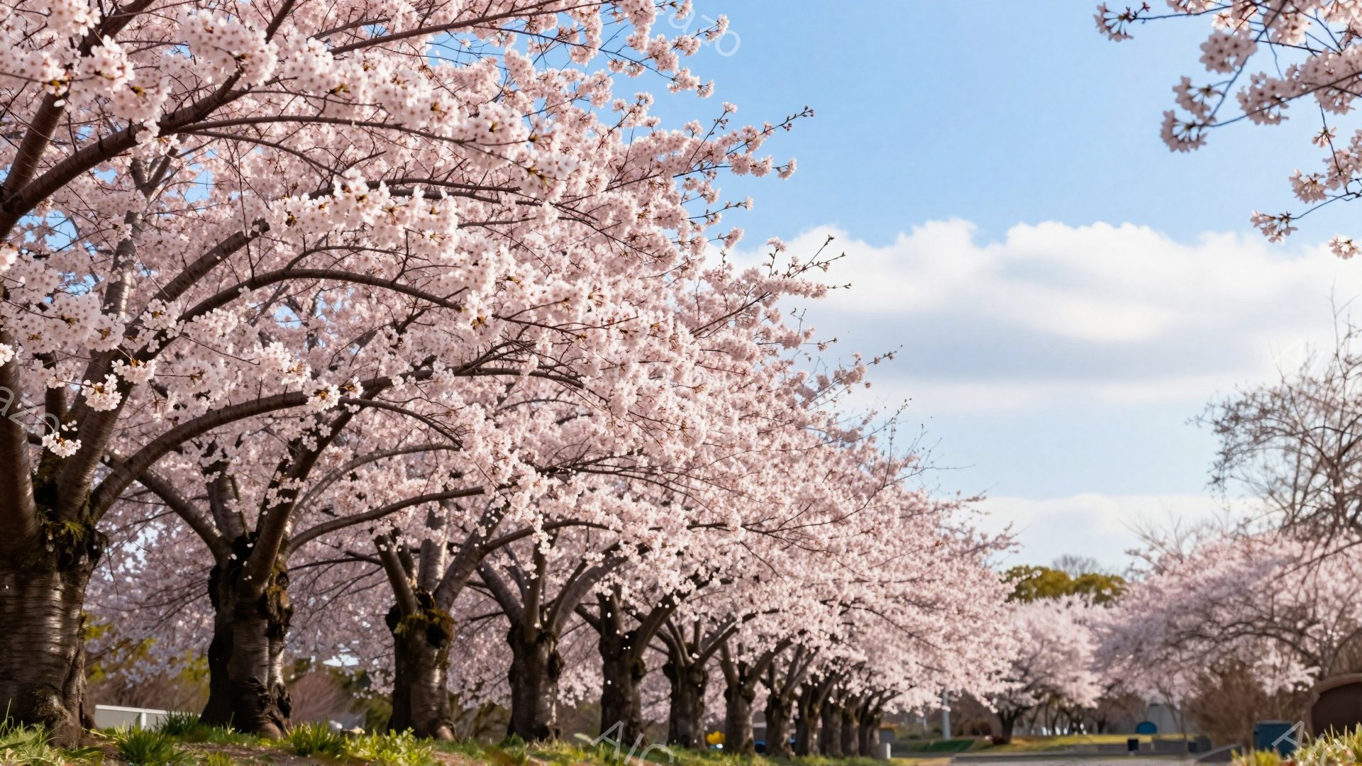 桜並木が続く道を行く人々が見える穏やかな春の日の風景です。満開の桜の花びらが空を覆い、優しいピンク色が目に鮮やかで、背景には青空と白い雲が広がっています。道沿いには緑の芝生が広がり、平和で穏やかな雰囲気が漂っています。