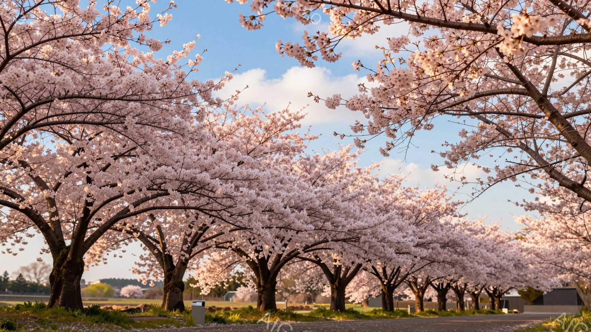 桜並木が続く道を、薄桃色の花びらが舞い散り、春の訪れを告げている。空は穏やかな青色で、遠くには緑の丘が見え、春の暖かさと安らぎを感じさせる風景だ。道路脇には街灯が並び、桜のトンネルのような美しい光景が広がっている。