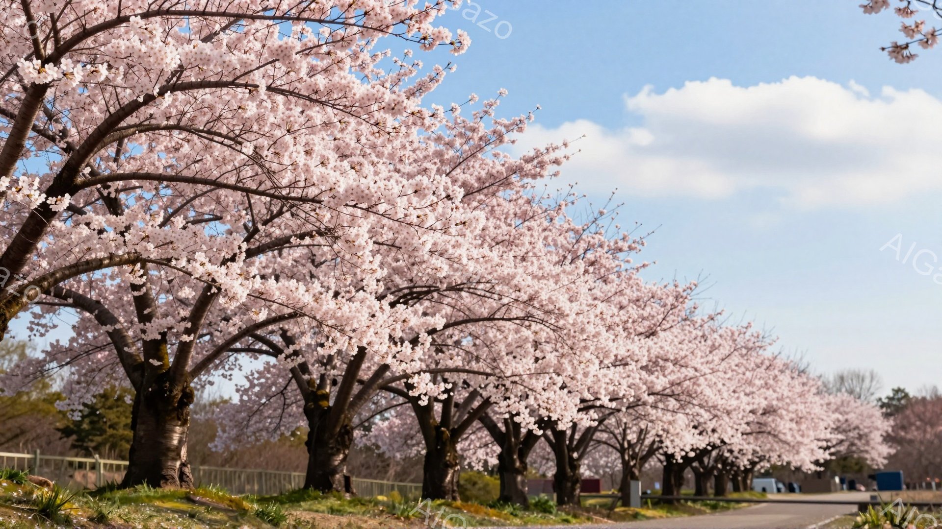 桜並木が続く道を行き交う人々が見える風景です。空は晴れ、桜の花びらが満開で、春の暖かさと穏やかな雰囲気が伝わってきます。道沿いには緑の草が生え、わずかに人々が散歩を楽しんでいる様子が伺えます。 - AI生成フリー素材