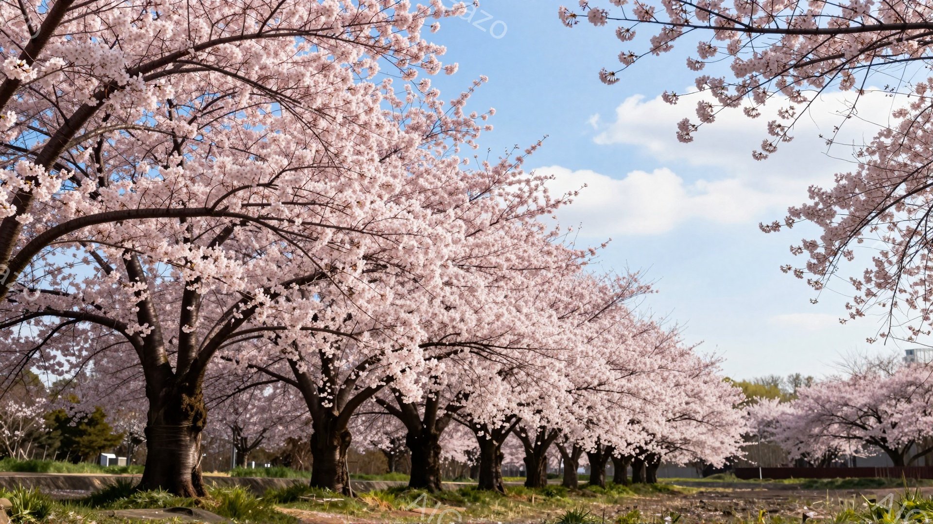 桜並木が続く公園の風景で、満開の桜が空を覆うように咲き誇っています。青空と桜の淡いピンク色のコントラストが美しく、春の穏やかな雰囲気を醸し出しています。地面には緑の草が生え、遠くには建物が見え、自然と - AI生成フリー素材