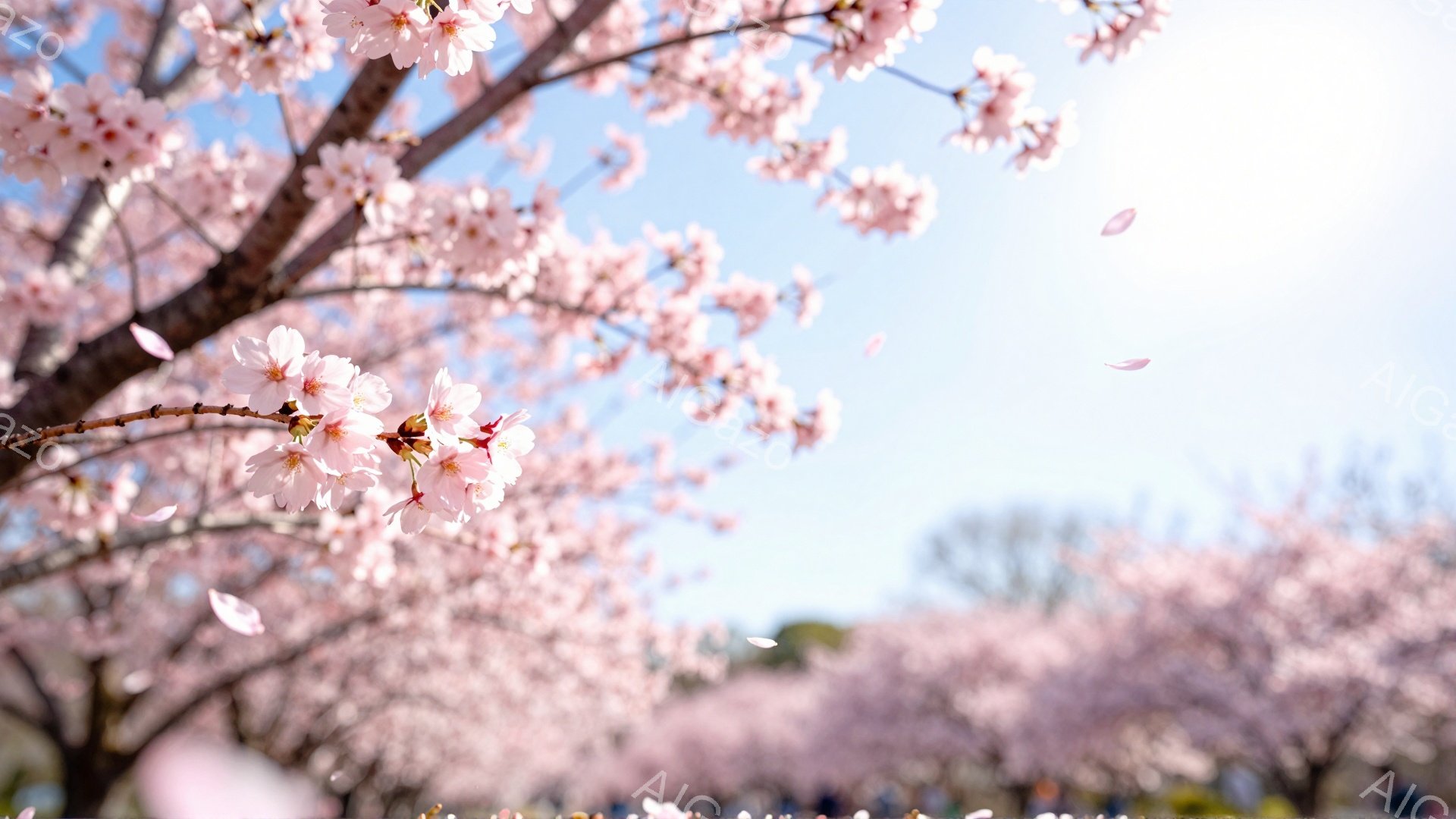 満開の桜が咲き誇り、ピンク色の花びらが空中に舞い上がっている風景です。青空を背景に、桜の優しいピンク色が広がり、春の暖かさと儚さを感じさせます。ぼやけた背景には、他の桜の木々と緑が確認でき、穏やかで美しい雰囲気を醸し出しています。