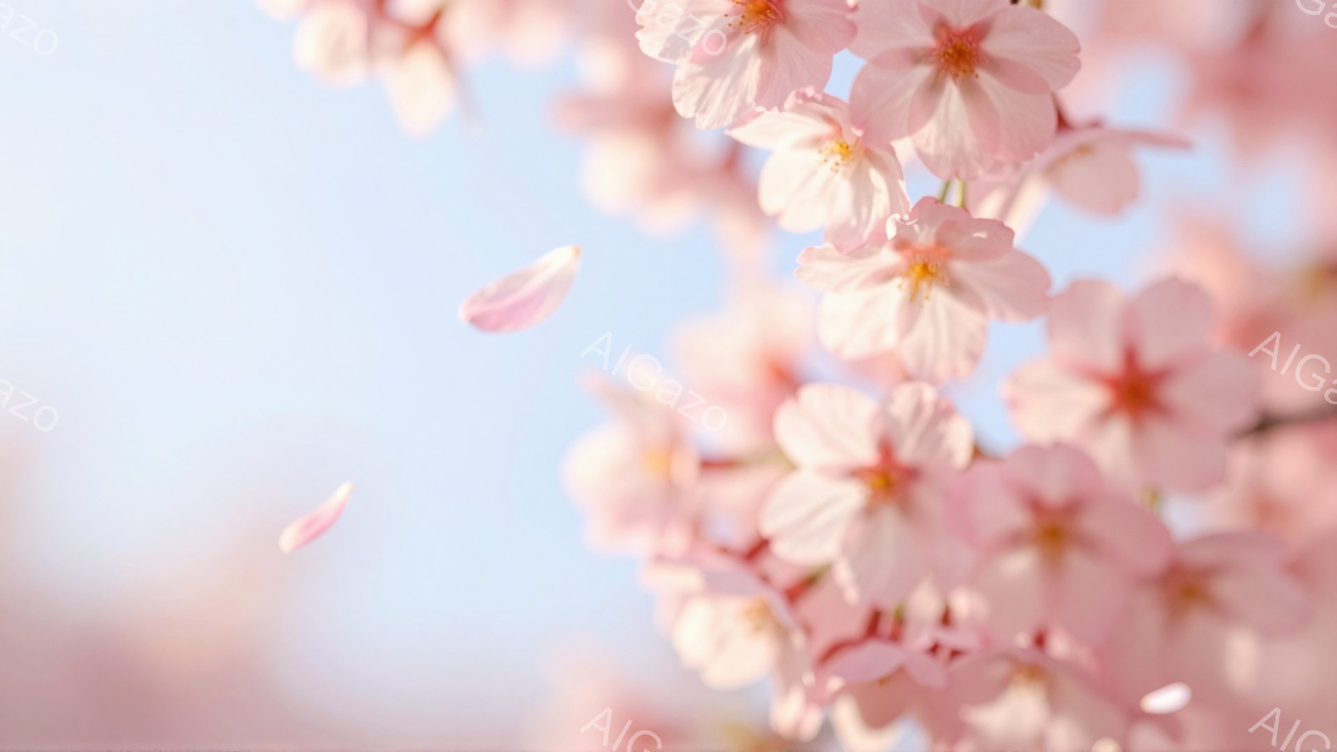 桜の花びらが舞い散る、春の穏やかな風景です。淡いピンク色の桜が背景を覆い、柔らかい光の中で幻想的な雰囲気を醸し出しています。空は薄い水色で、桜の花びらと調和し、春の訪れを感じさせます。