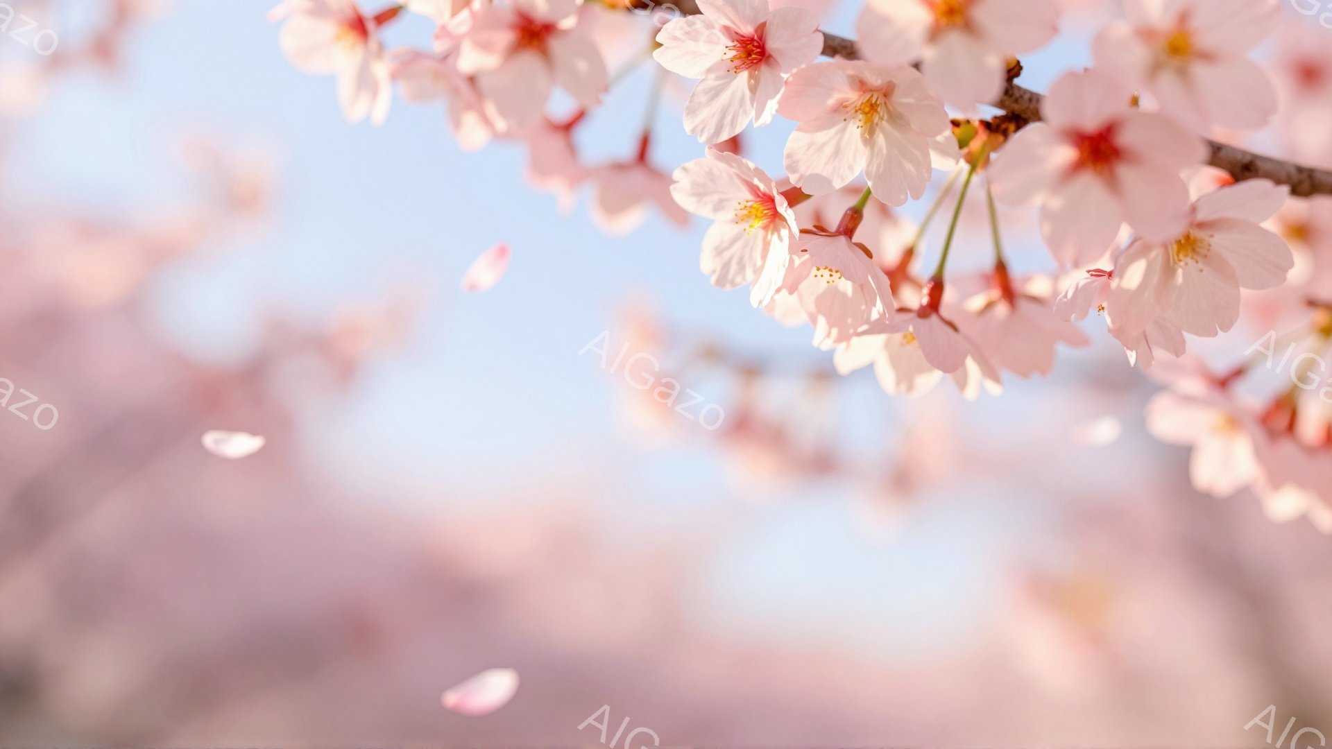 桜の花びらが舞い散る、春の穏やかな風景が捉えられています。背景は淡いピンク色でぼやけており、柔らかい光が全体を包み込み、夢幻的な雰囲気を醸し出しています。一見すると、春の暖かさと優しさが感じられる、静 - AI生成フリー素材
