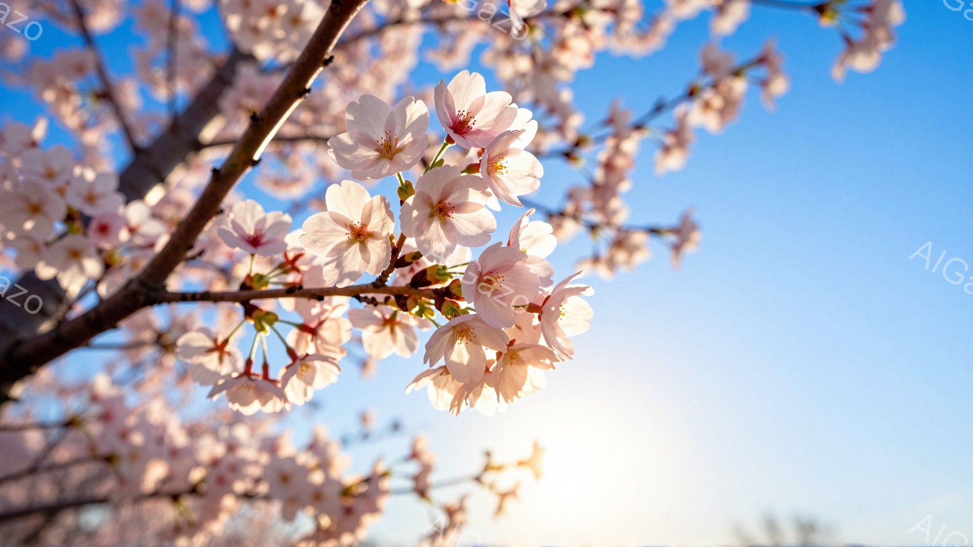 青空を背景に、桜の花が咲き誇る様子が捉えられています。薄いピンク色の花びらは光に透け、春の暖かさと優雅さを表現しています。太陽の光が花びらを照らし、明るく希望に満ちた雰囲気を醸し出しています。 - AI生成フリー素材