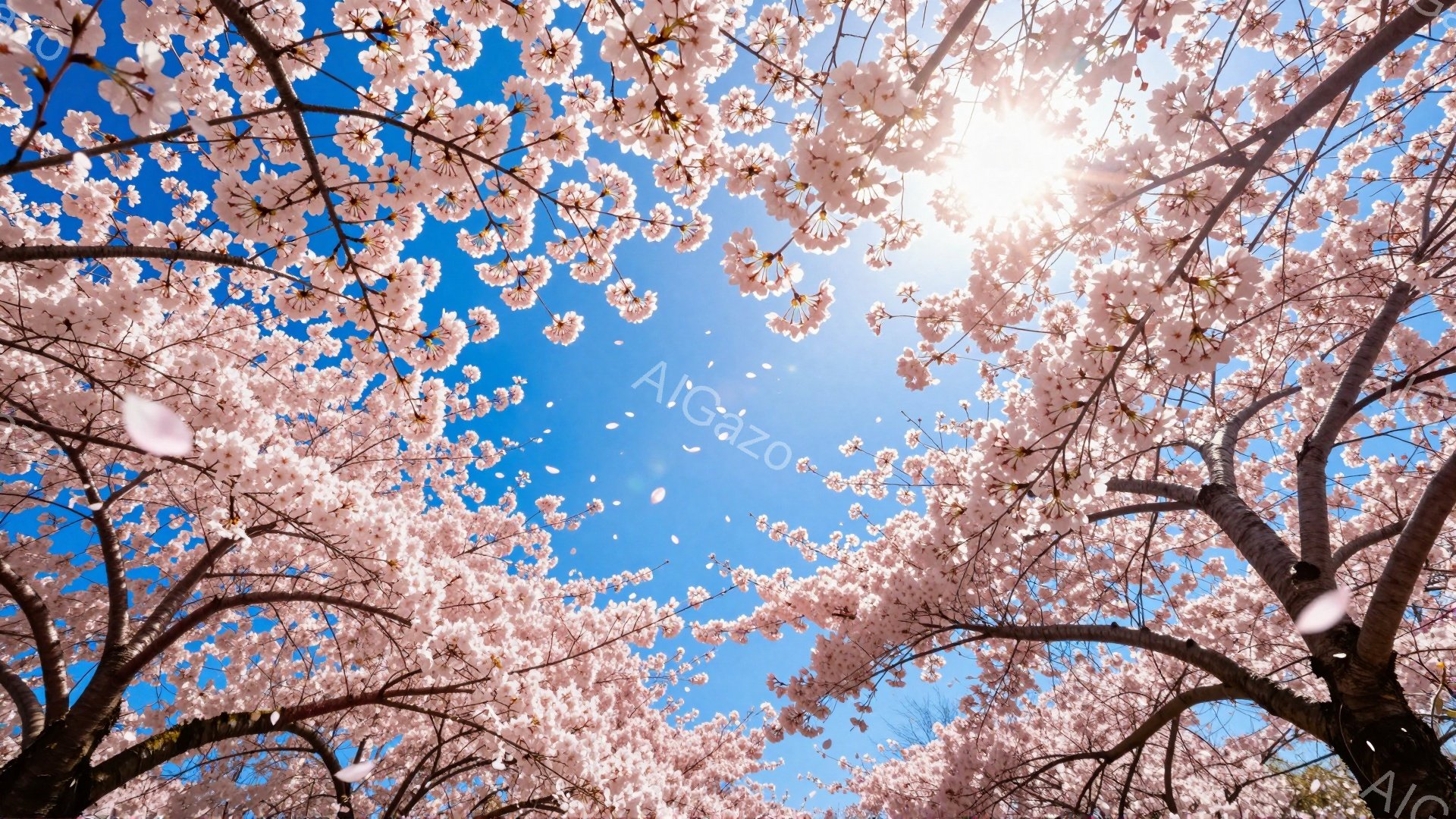 空を見上げると、桜の花びらが咲き乱れ、まるでトンネルのようになっている。鮮やかな青空を背景に、淡いピンク色の桜が春の暖かさと優しさを表現している。太陽の光が花びらを照らし、幻想的な雰囲気を醸し出している。