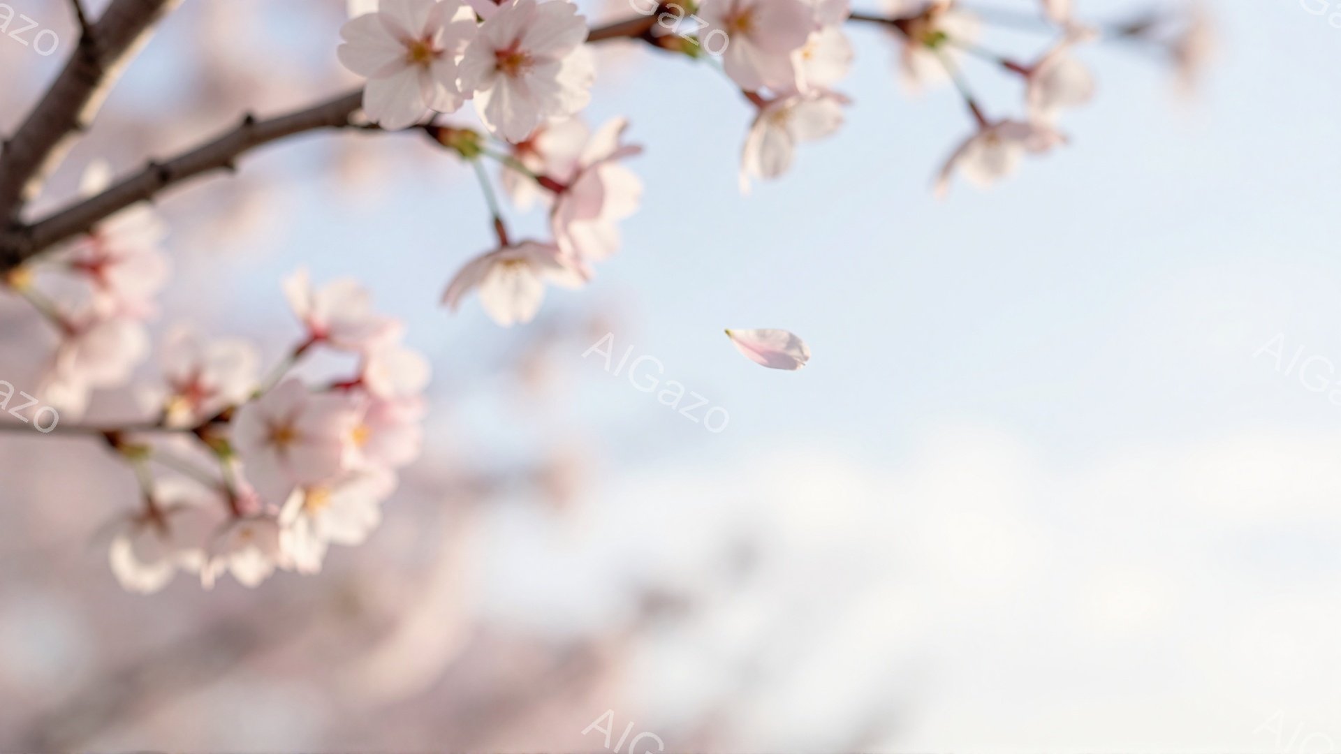 桜の枝が画面を埋め尽くし、淡いピンク色の花びらが咲き誇っている。空は薄い青色で、ぼんやりとした雲が広がり、花びらの一つが舞い落ちる様子が捉えられている。全体的に穏やかで幻想的な春の雰囲気が漂っている。 - AI生成フリー素材