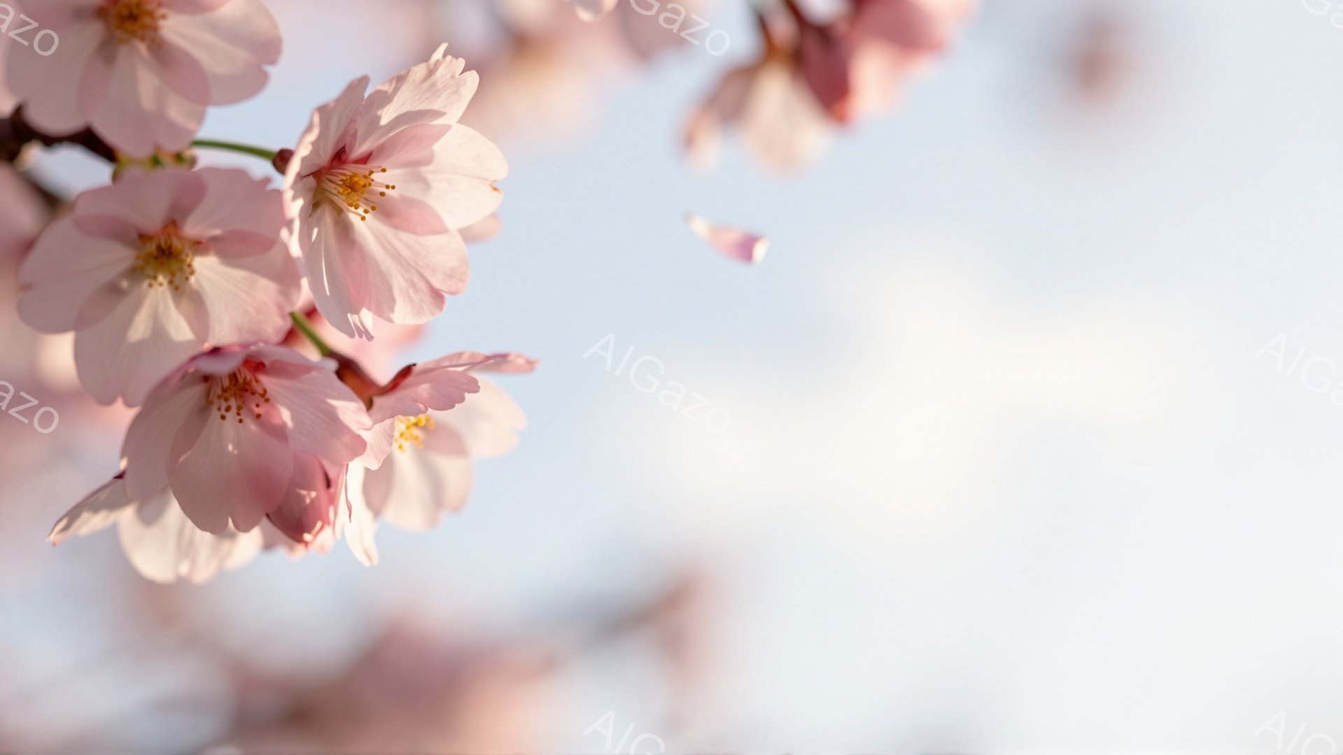 桜の花びらが舞い散る、春の風景が捉えられています。淡いピンク色の桜の花が咲き誇り、背景には柔らかい光が差した空が広がっています。花びらが空に溶け込むように舞い、穏やかで幻想的な雰囲気を醸し出しています - AI生成フリー素材