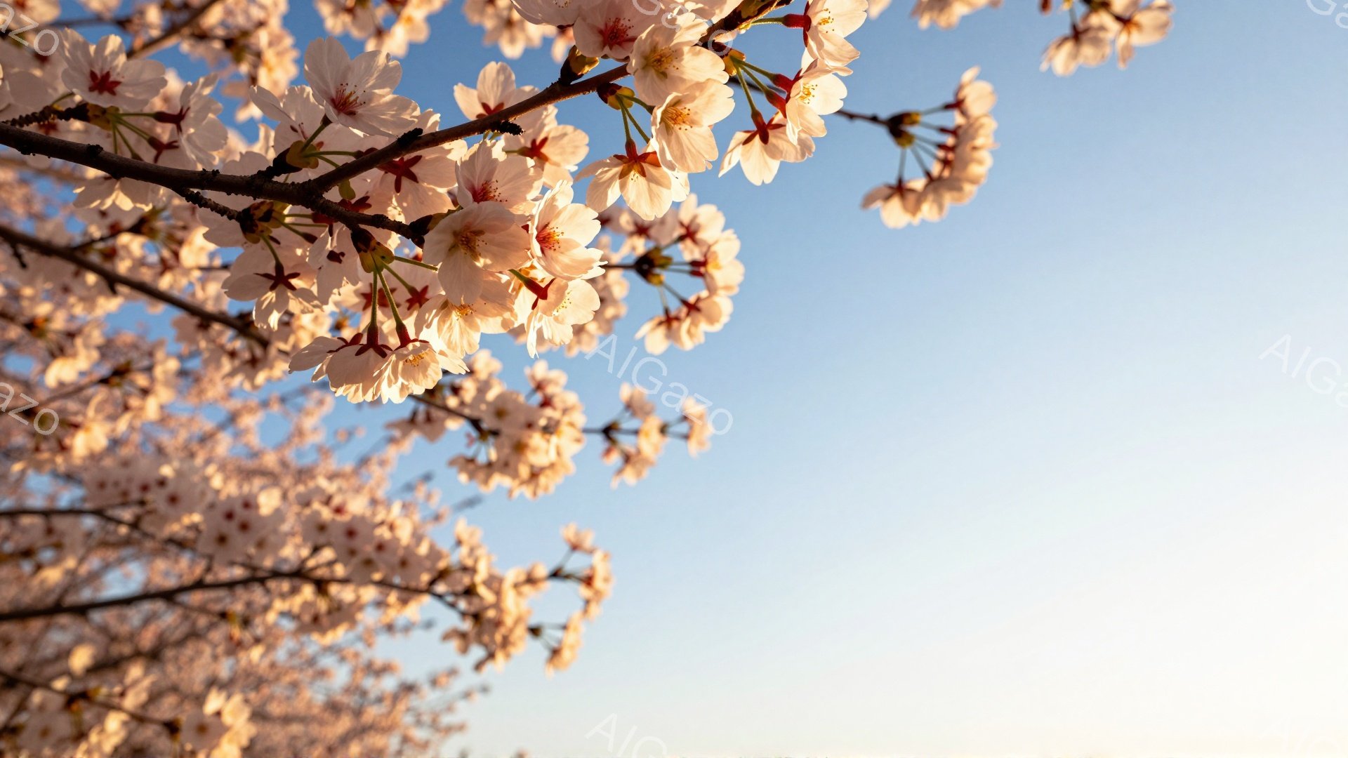 空は穏やかな水色から白へとグラデーションを描き、満開の桜が枝を覆っている。花びらは淡いピンク色で、太陽の光を浴びて優しく輝いている。春の暖かな日差しと桜の美しさが調和し、穏やかで希望に満ちた雰囲気を醸し出している。