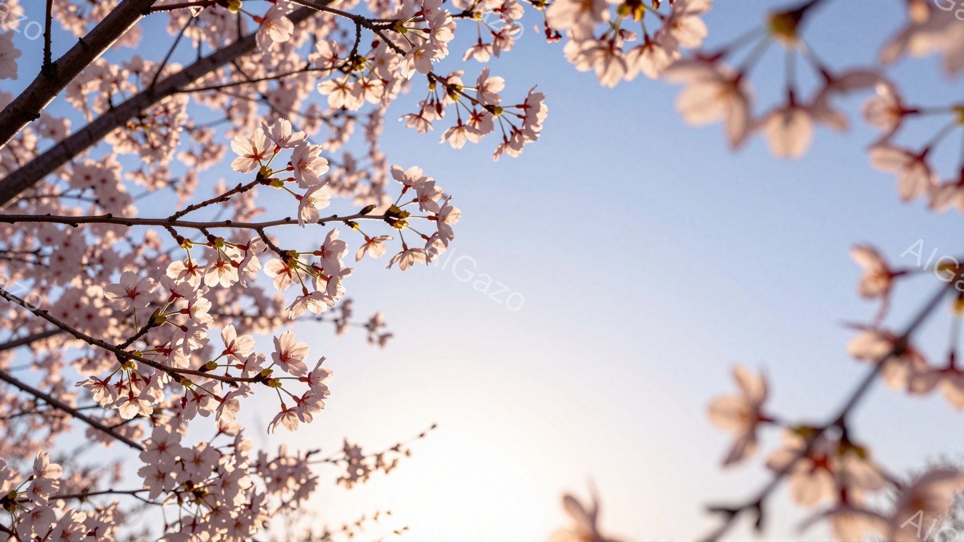 桜の花びらが咲き誇り、空を背景に優雅なアーチを描いている。淡いピンク色の花びらが春の暖かさを感じさせ、光が柔らかく差し込み、幻想的な雰囲気を醸し出している。空は淡い青色からオレンジ色へとグラデーションを描き、穏やかな春の日の情景が広がる。