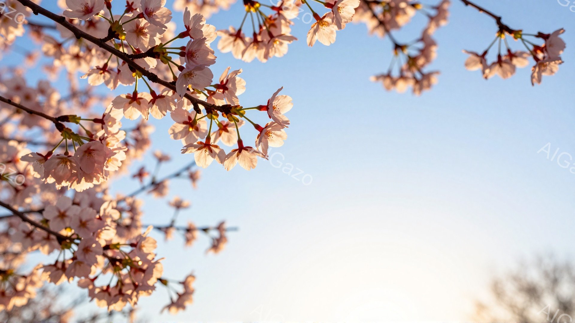 満開の桜の花が枝いっぱいに咲き誇り、淡いピンク色が空を背景に優しく広がっている。柔らかい光が桜の花びらを照らし、春の暖かさと穏やかな雰囲気を醸し出している。背景には、ぼんやりと明るい空が広がり、春の日 - AI生成フリー素材