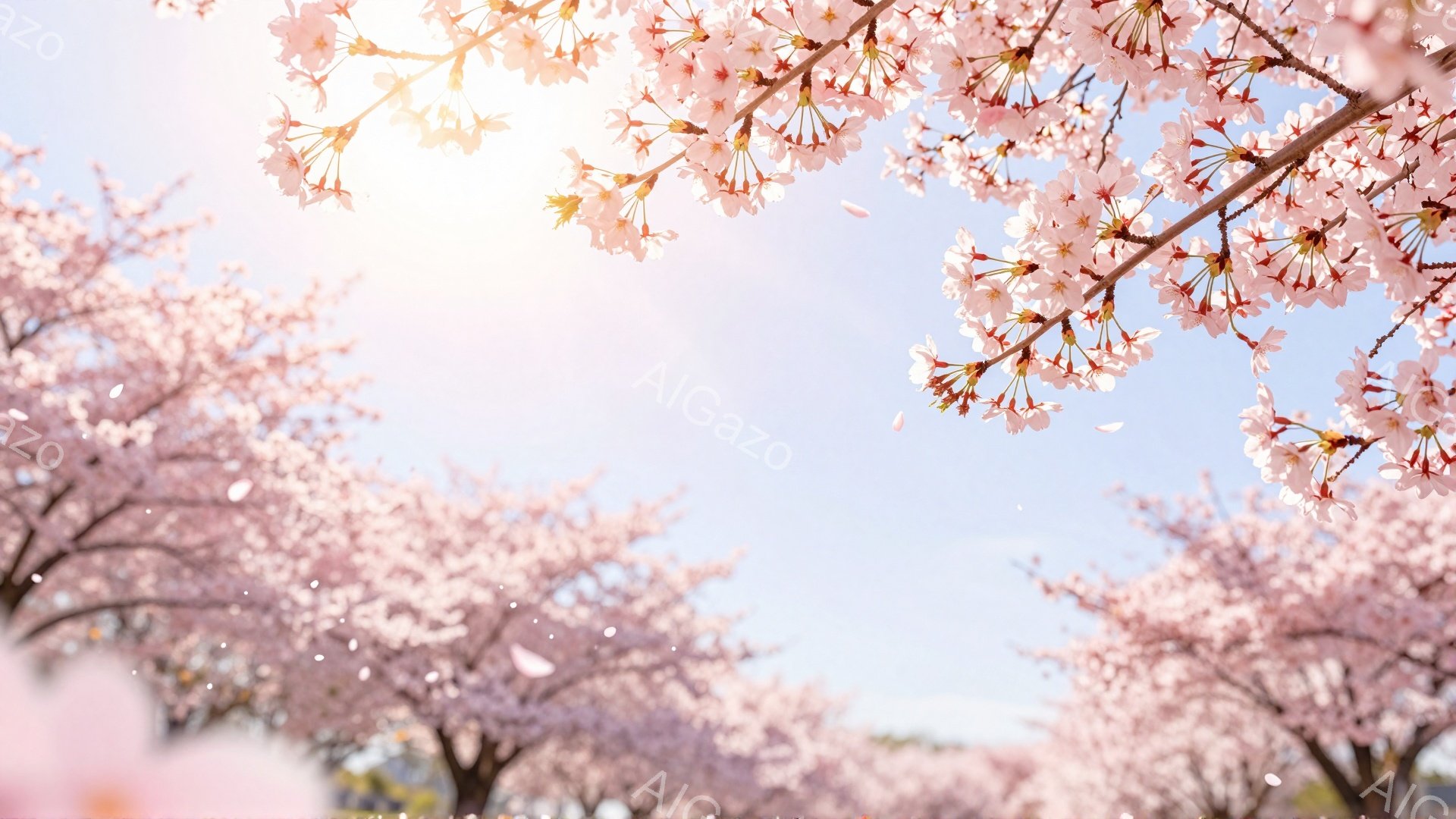 桜並木が続く道を行く人の後ろ姿がわずかに捉えられています。満開の桜の花びらが舞い散り、柔らかい光に照らされた春の情景が広がっています。空は淡い青色で、全体的に穏やかで幻想的な雰囲気が漂っています。