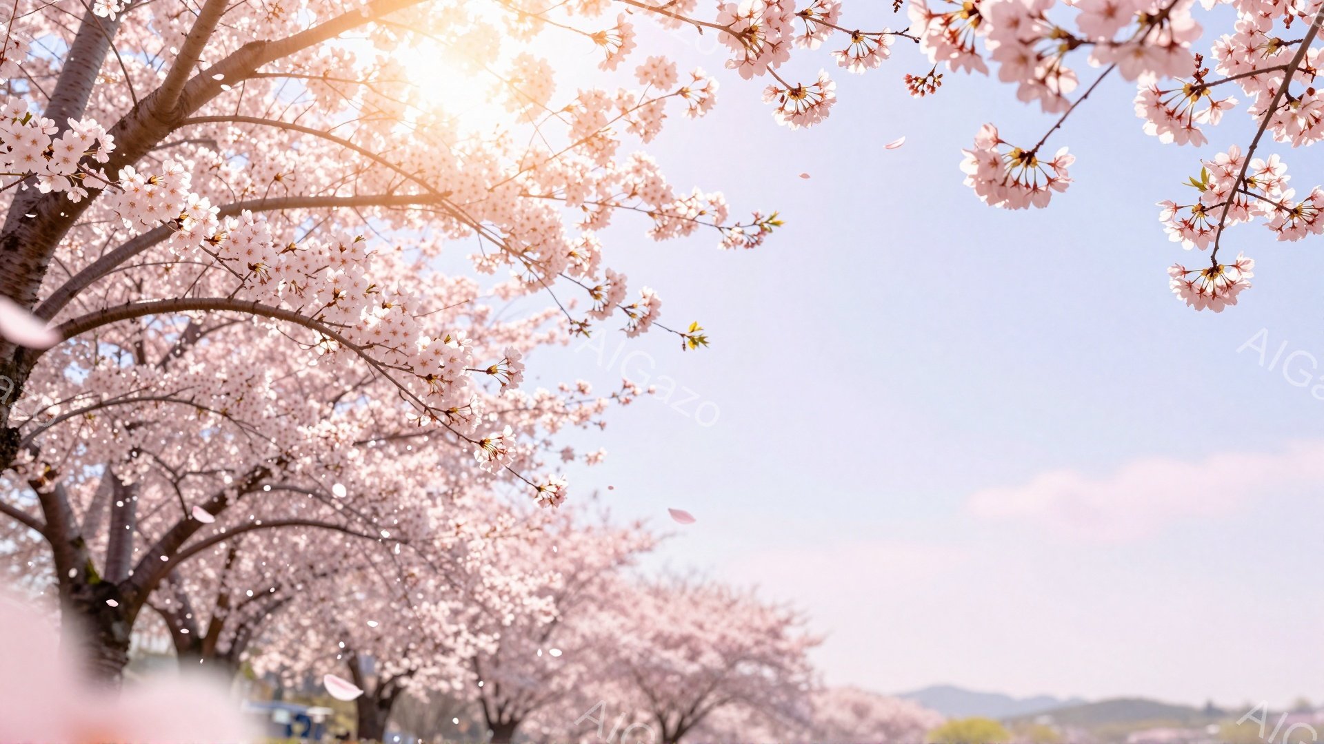 満開の桜並木が広がり、ピンク色の花びらが空中に舞っている様子が捉えられています。背景には、ぼんやりとした山並みと、柔らかな光に包まれた穏やかな空が広がっています。春の暖かな日差しと、桜の優しい香りが感 - AI生成フリー素材